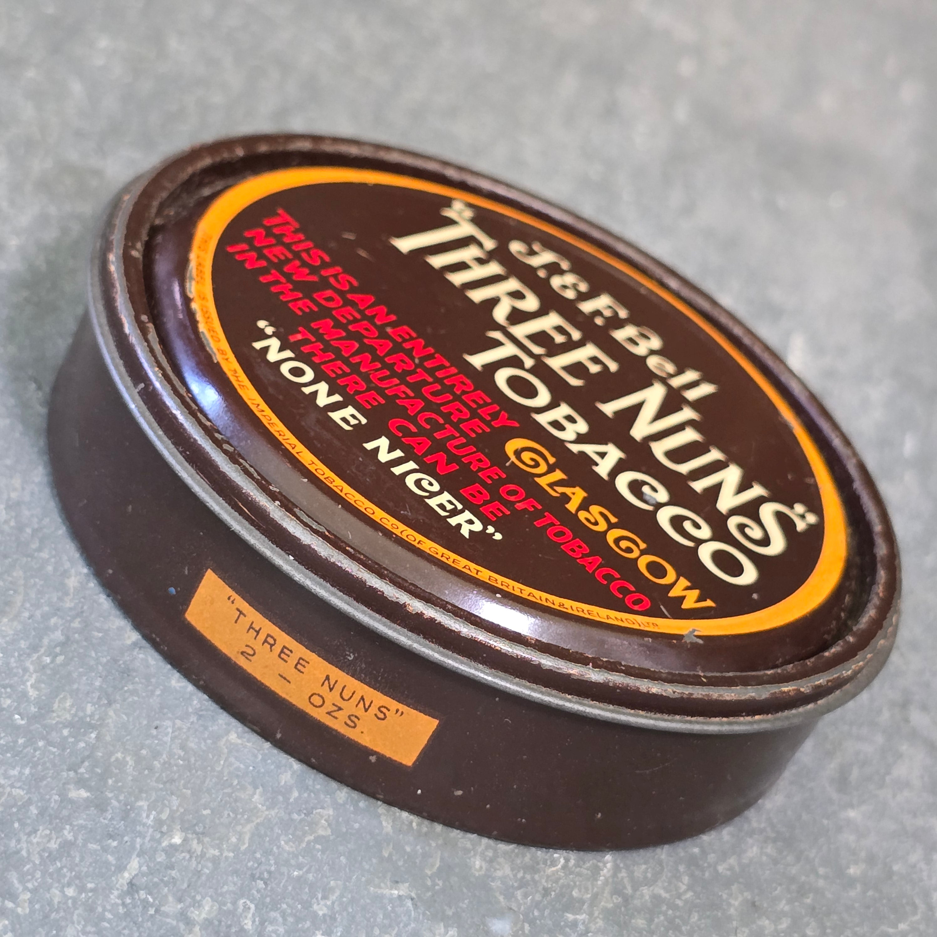 J. & F. Bell Three Nuns Tobacco Small Antique 2 Ounce Advertising Tin Can Box