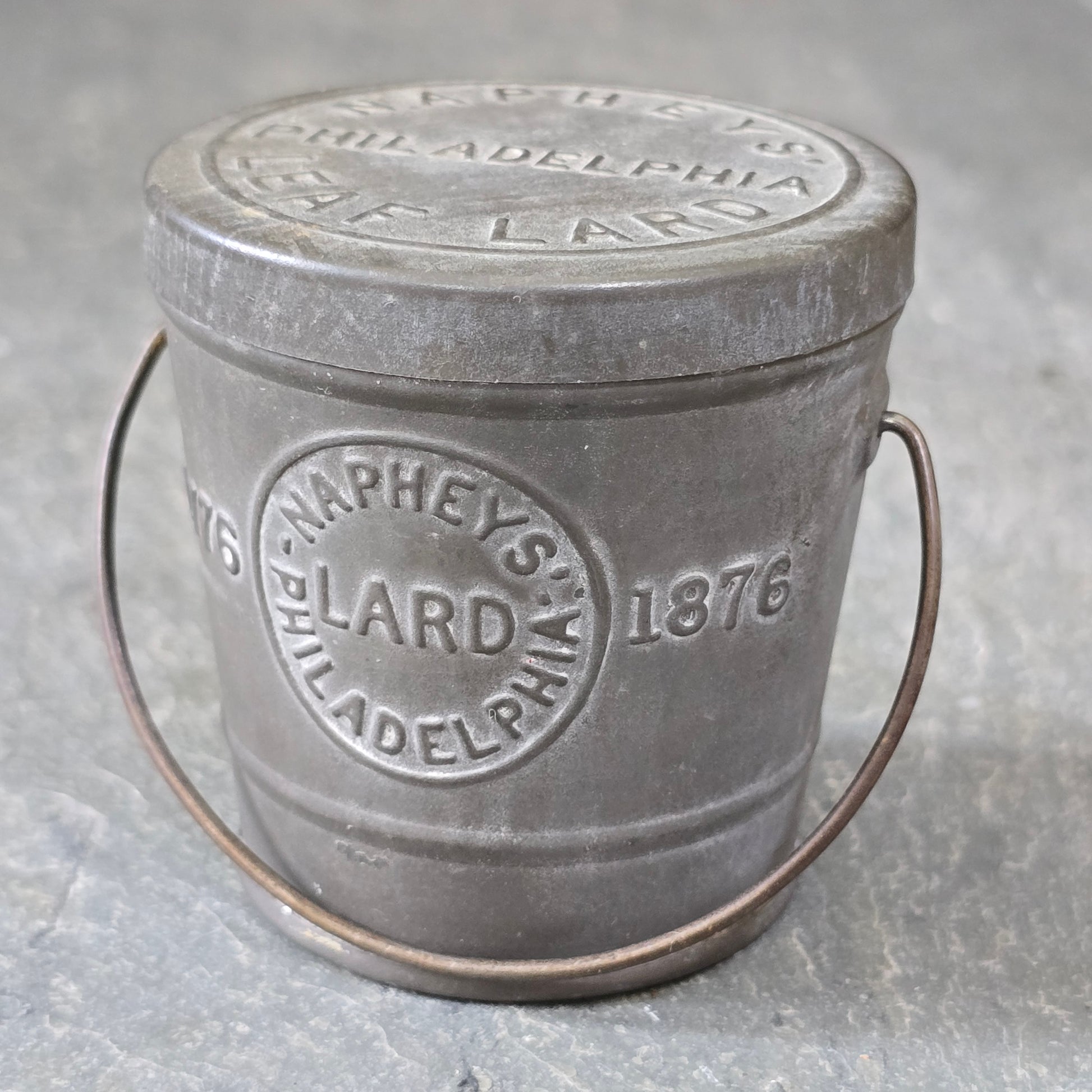 1876 Antique Napheys Leaf Lard Embossed Advertising Tin Sample Size Can Bucket