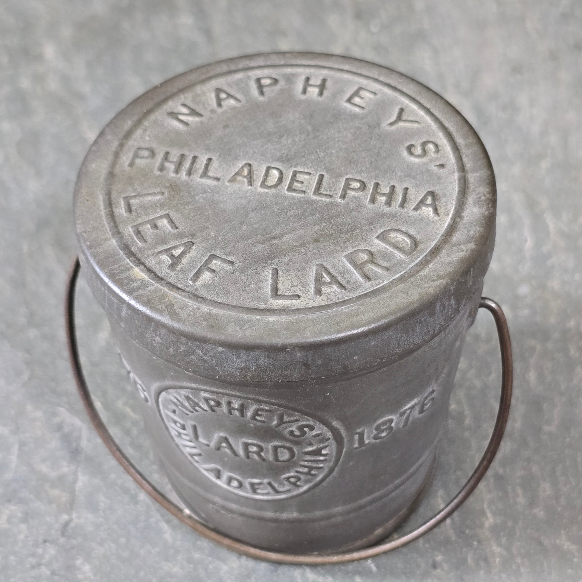 1876 Antique Napheys Leaf Lard Embossed Advertising Tin Sample Size Can Bucket