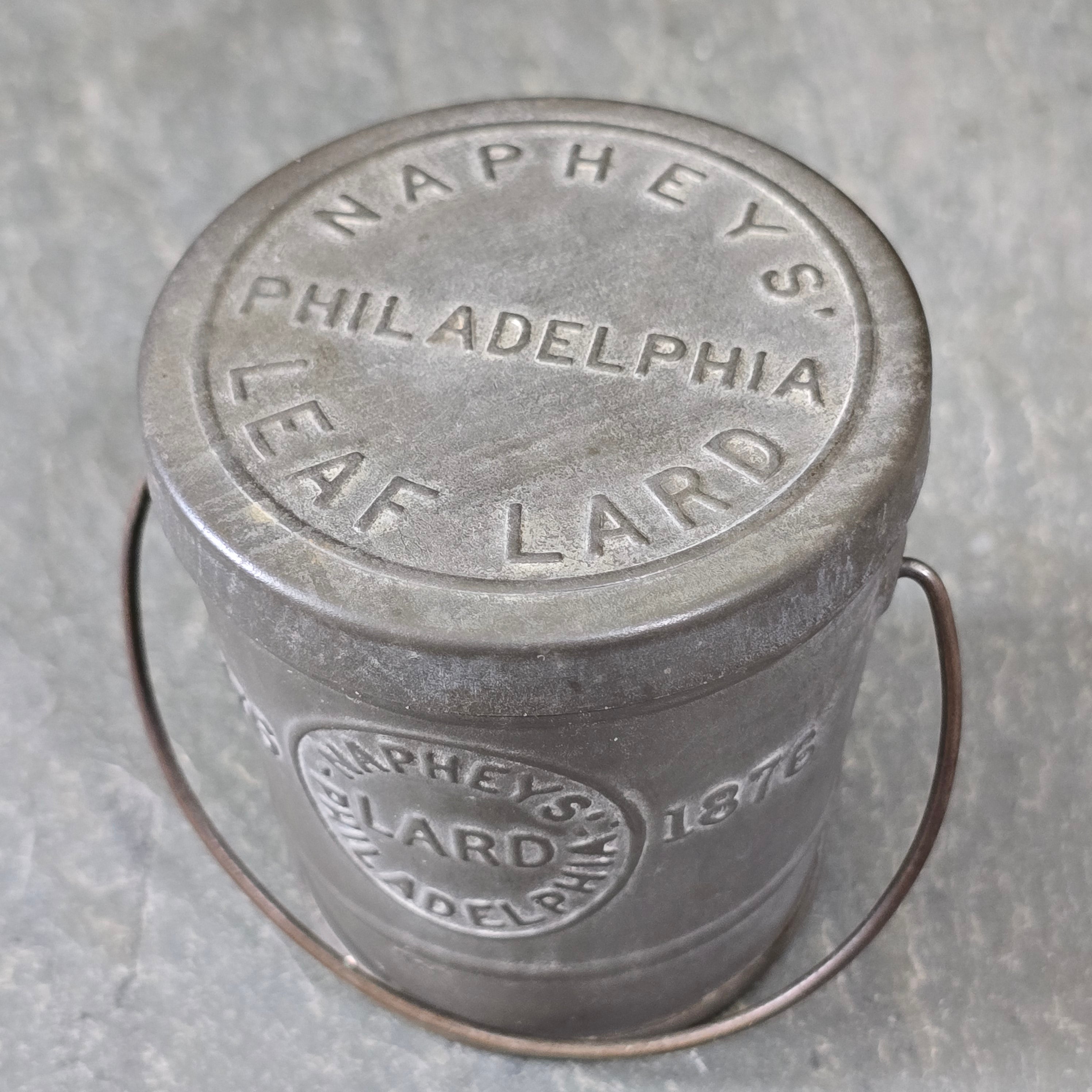 1876 Antique Napheys Leaf Lard Embossed Advertising Tin Sample Size Can Bucket