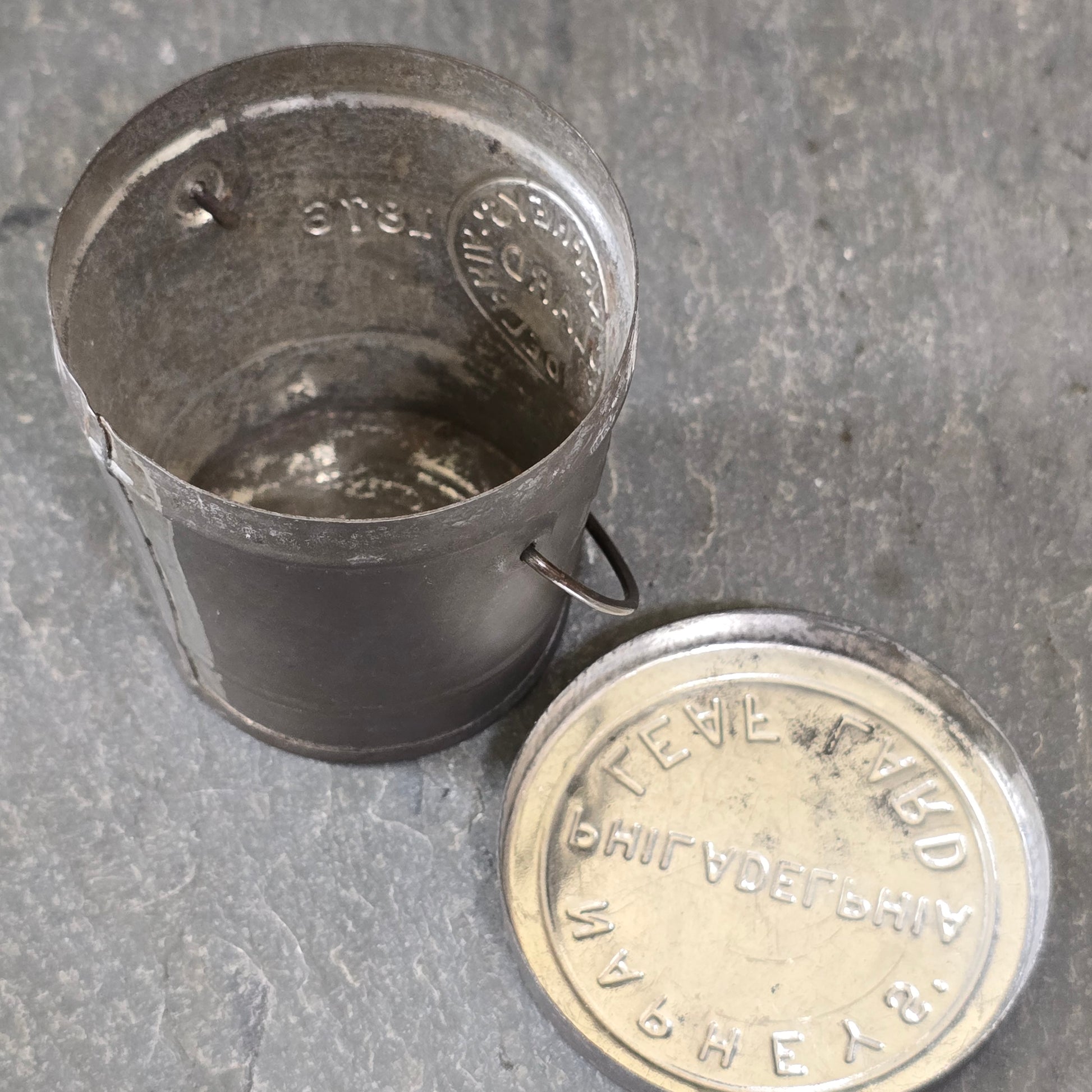 1876 Antique Napheys Leaf Lard Embossed Advertising Tin Sample Size Can Bucket