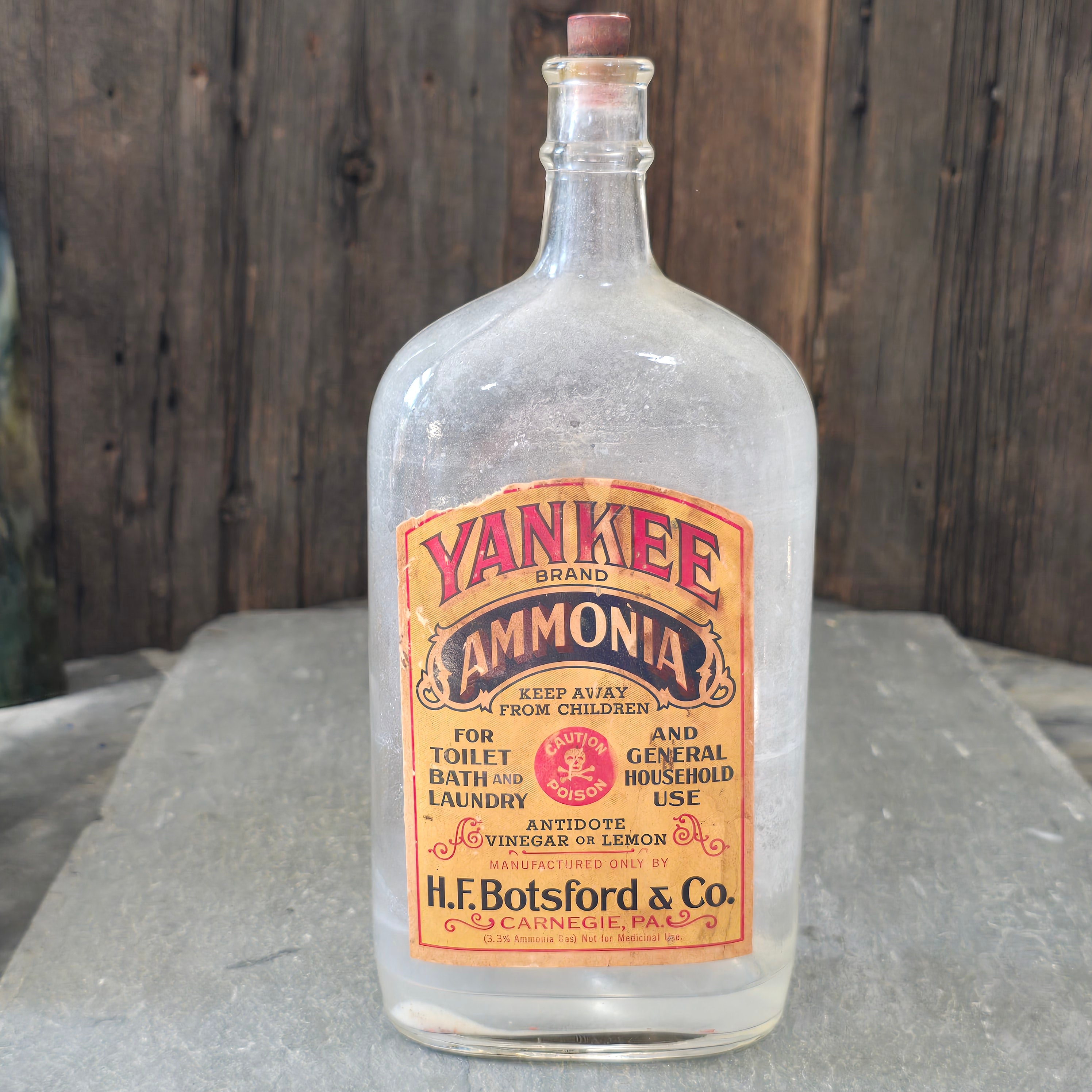 Yankee Brand Ammonia Antique Glass Bottle with Label H.F. Botsford Carnegie PA