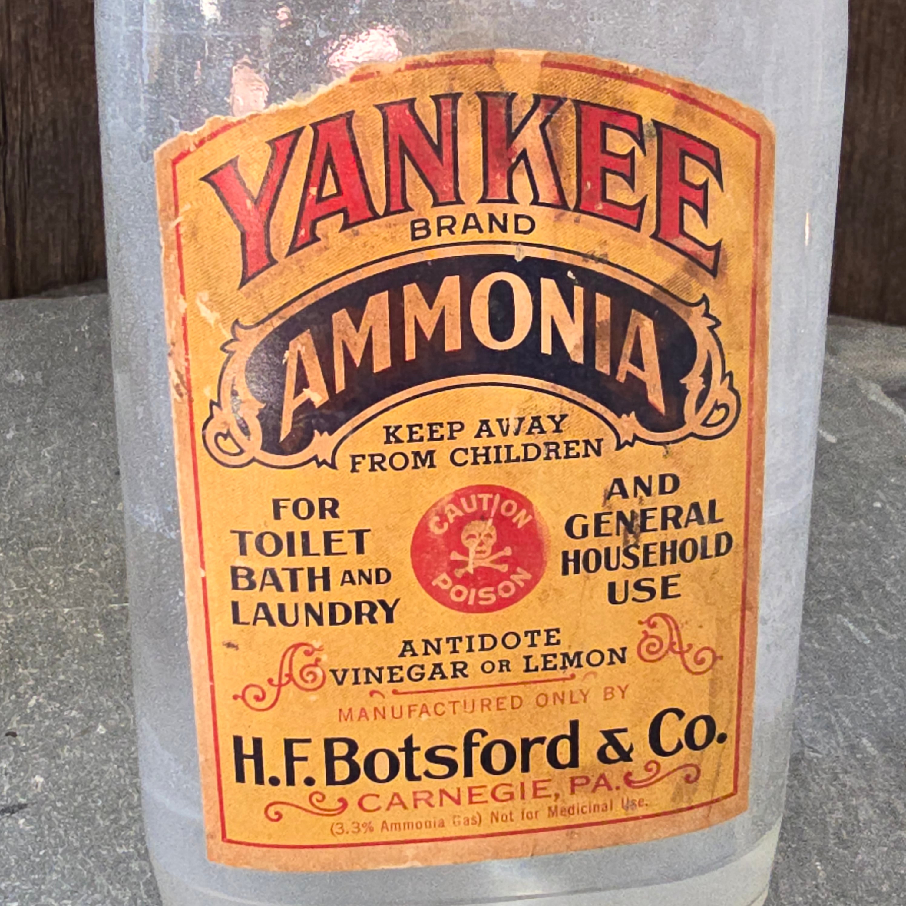 Yankee Brand Ammonia Antique Glass Bottle with Label H.F. Botsford Carnegie PA