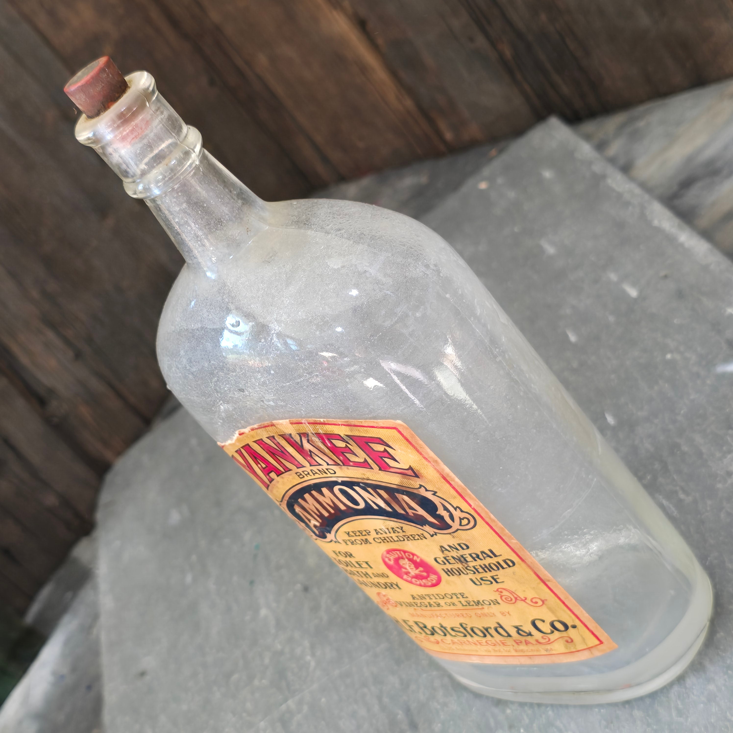 Yankee Brand Ammonia Antique Glass Bottle with Label H.F. Botsford Carnegie PA