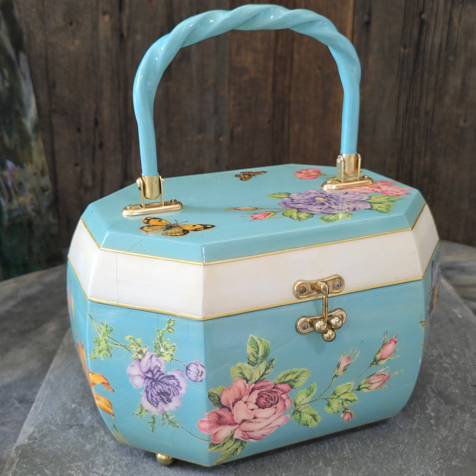 Ada Driscoll Signed Wood Purse Sewing Box Lacquer Decoupage Butterflies Flowers