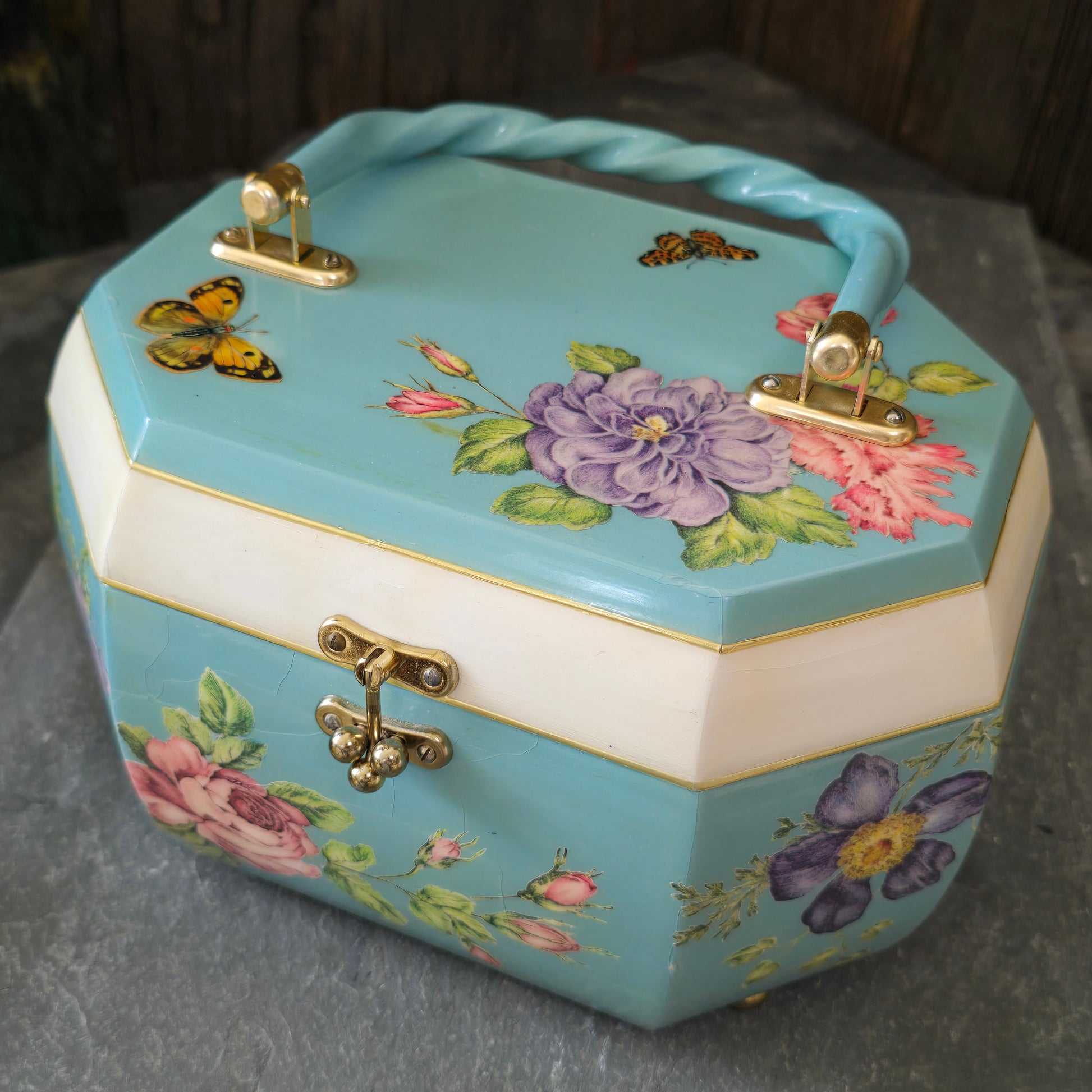 Ada Driscoll Signed Wood Purse Sewing Box Lacquer Decoupage Butterflies Flowers