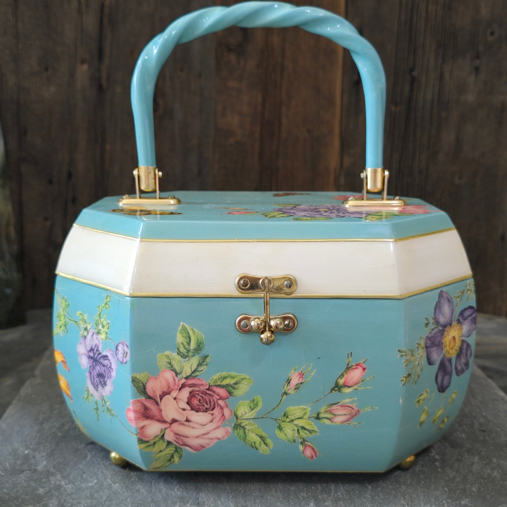 Ada Driscoll Signed Wood Purse Sewing Box Lacquer Decoupage Butterflies Flowers