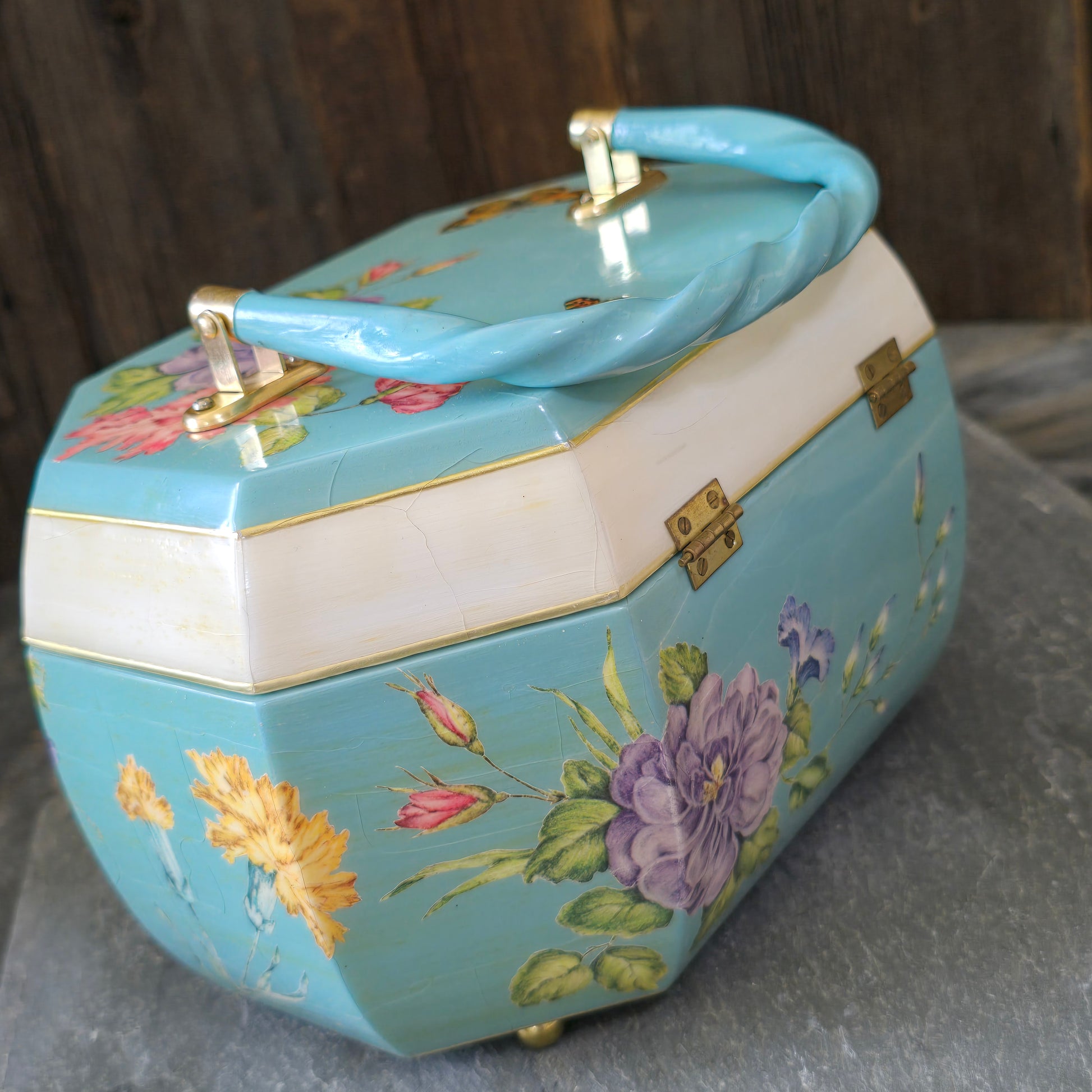 Ada Driscoll Signed Wood Purse Sewing Box Lacquer Decoupage Butterflies Flowers