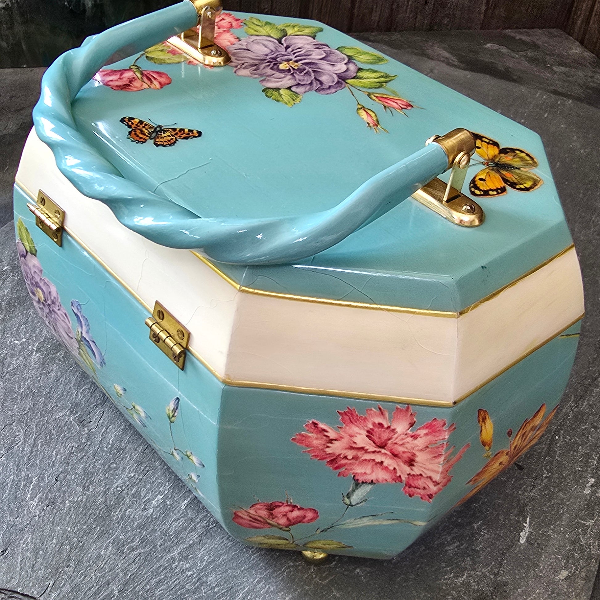 Ada Driscoll Signed Wood Purse Sewing Box Lacquer Decoupage Butterflies Flowers