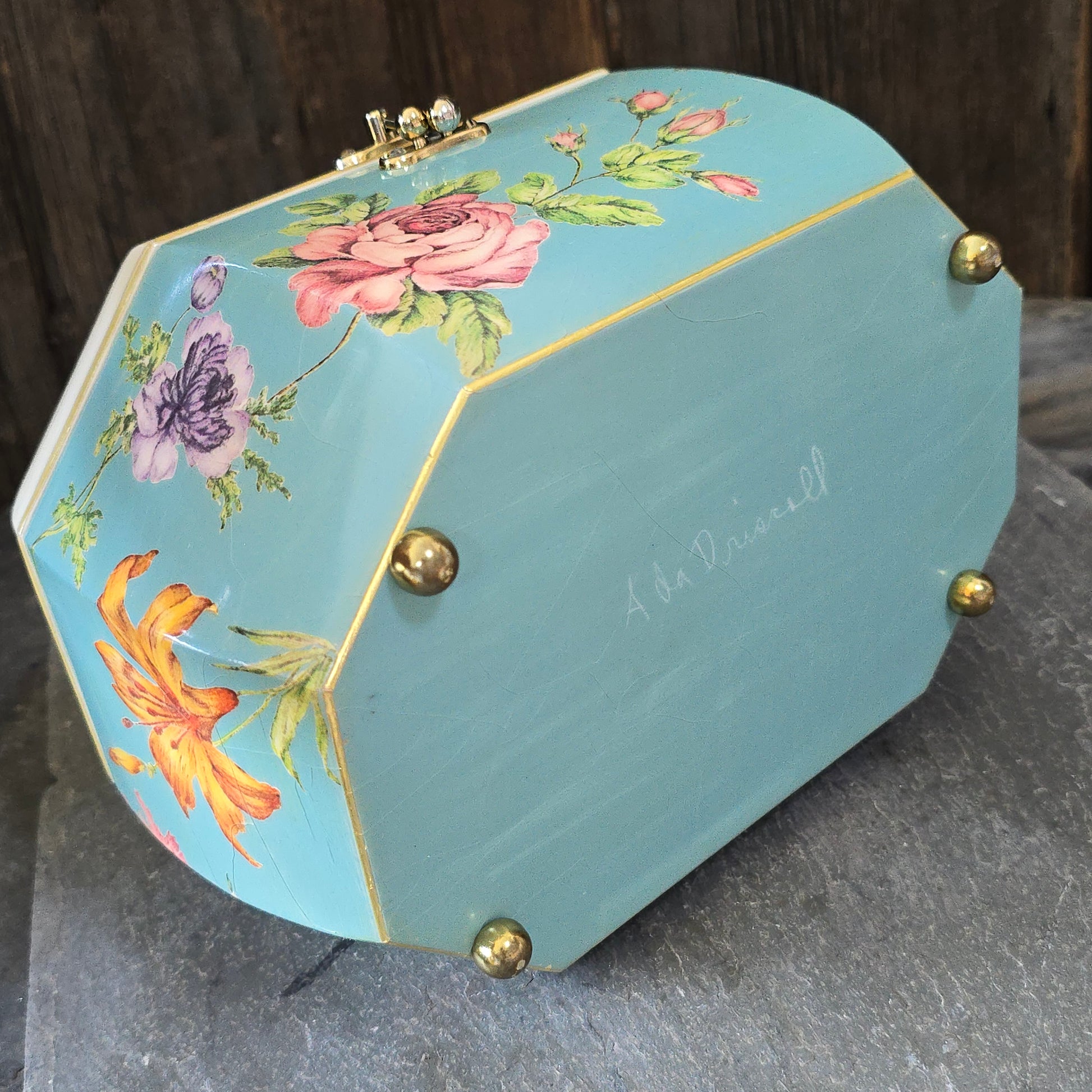 Ada Driscoll Signed Wood Purse Sewing Box Lacquer Decoupage Butterflies Flowers