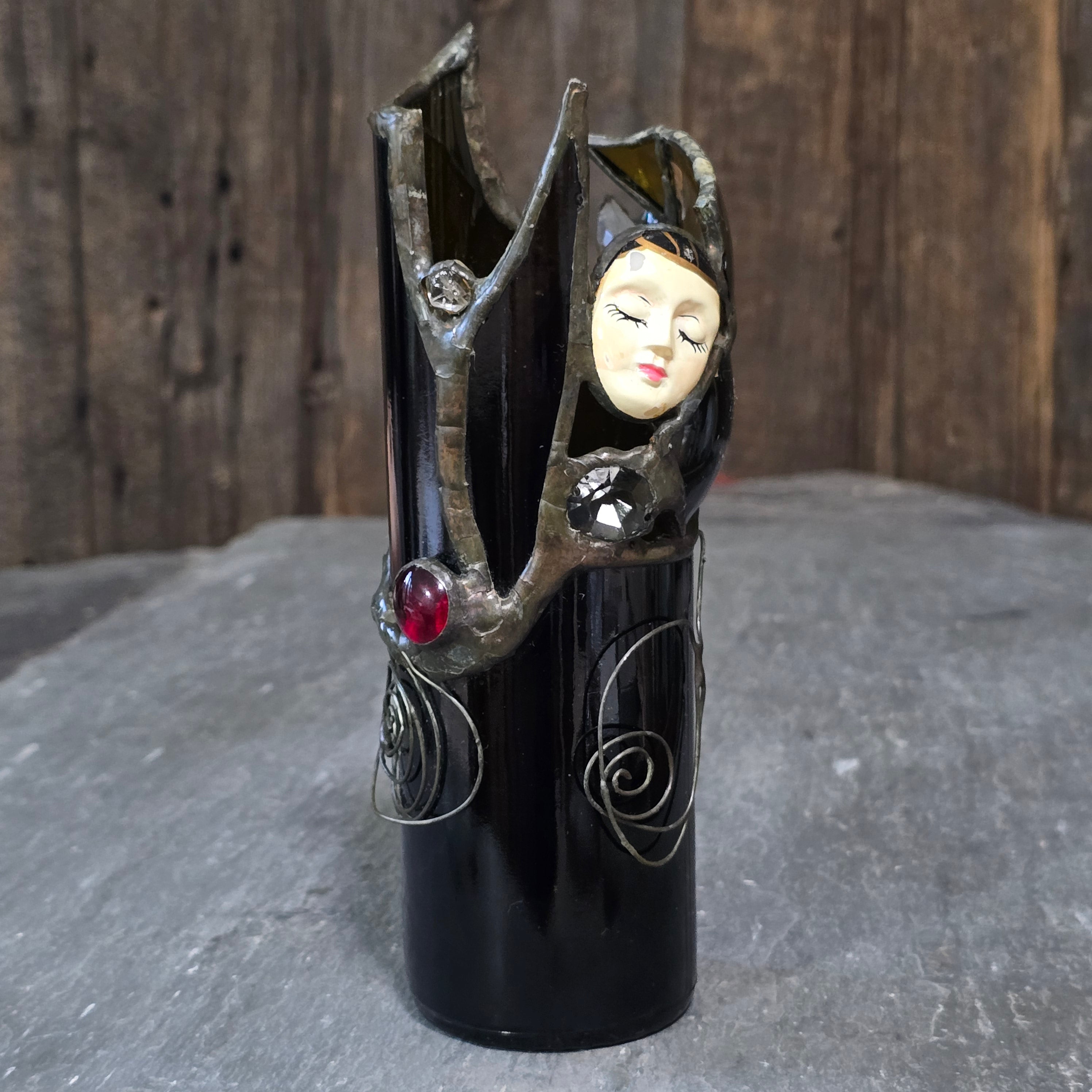 Antique Olive Broken Beer Bottle Stained Glass Flapper Girl Folk Art Sculpture
