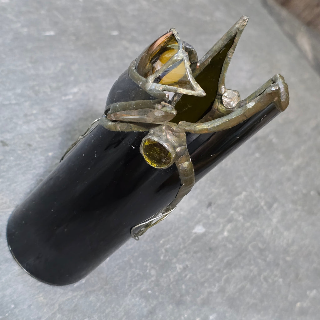 Antique Olive Broken Beer Bottle Stained Glass Flapper Girl Folk Art Sculpture