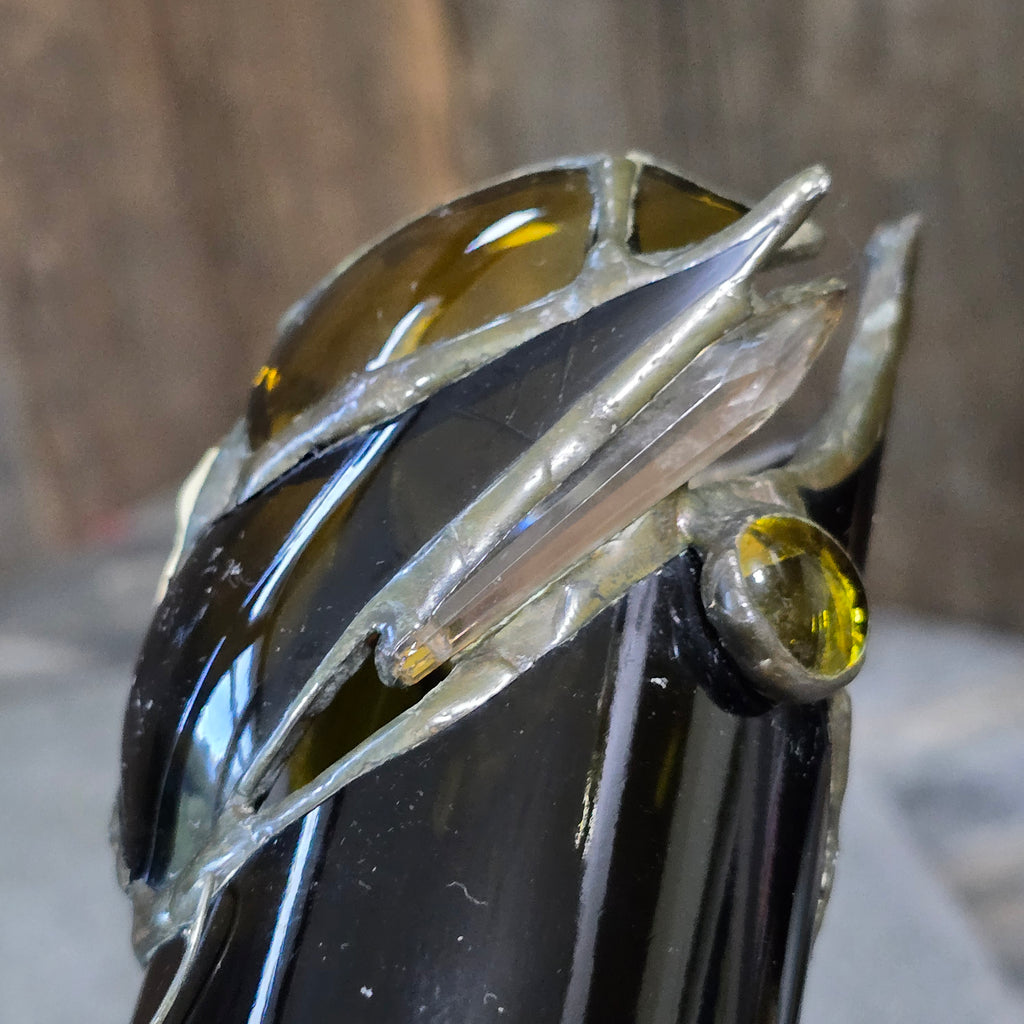 Antique Olive Broken Beer Bottle Stained Glass Flapper Girl Folk Art Sculpture