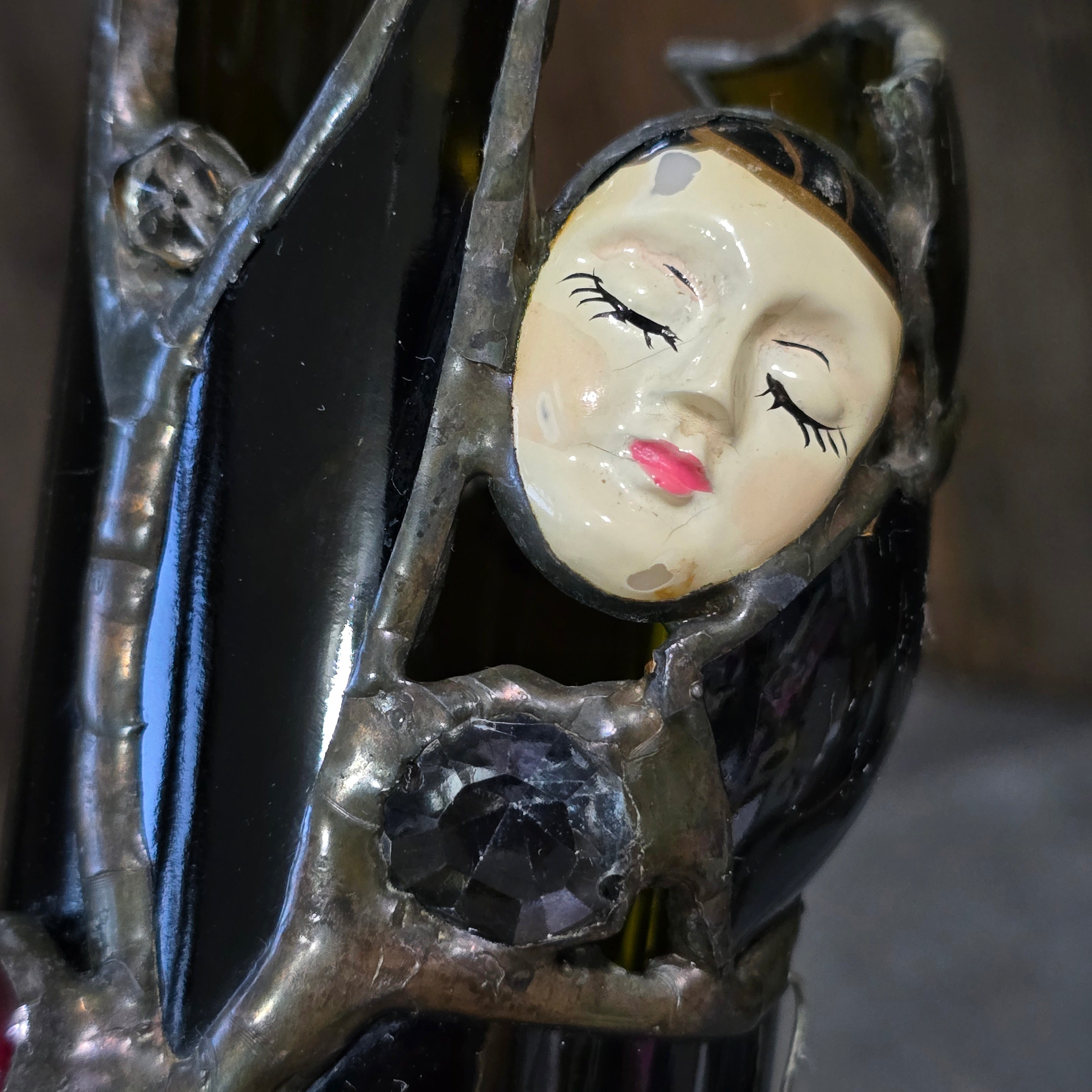 Antique Olive Broken Beer Bottle Stained Glass Flapper Girl Folk Art Sculpture