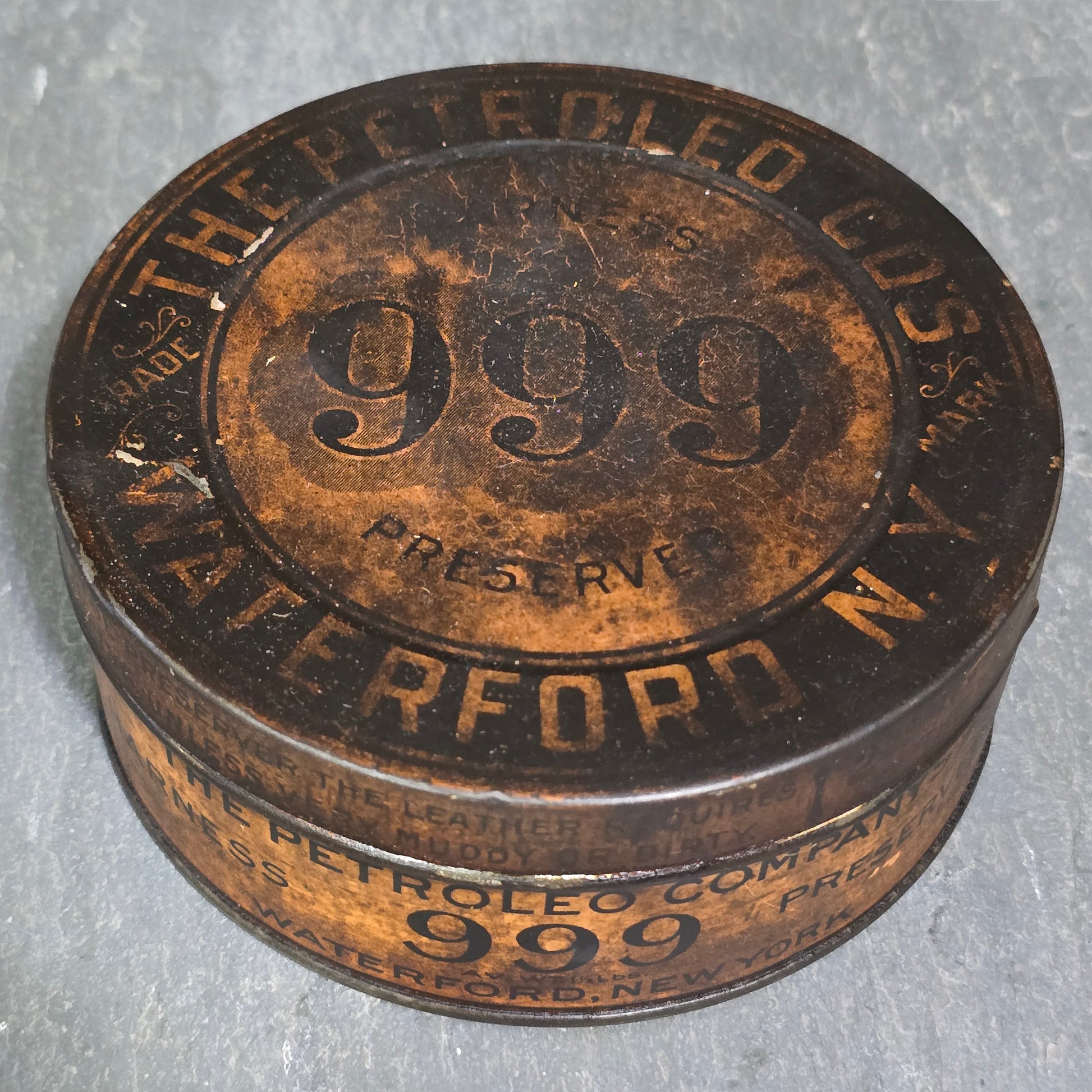 999 Harness Preserver Oil Advertising Tin The Petroleo Company Waterford, NY