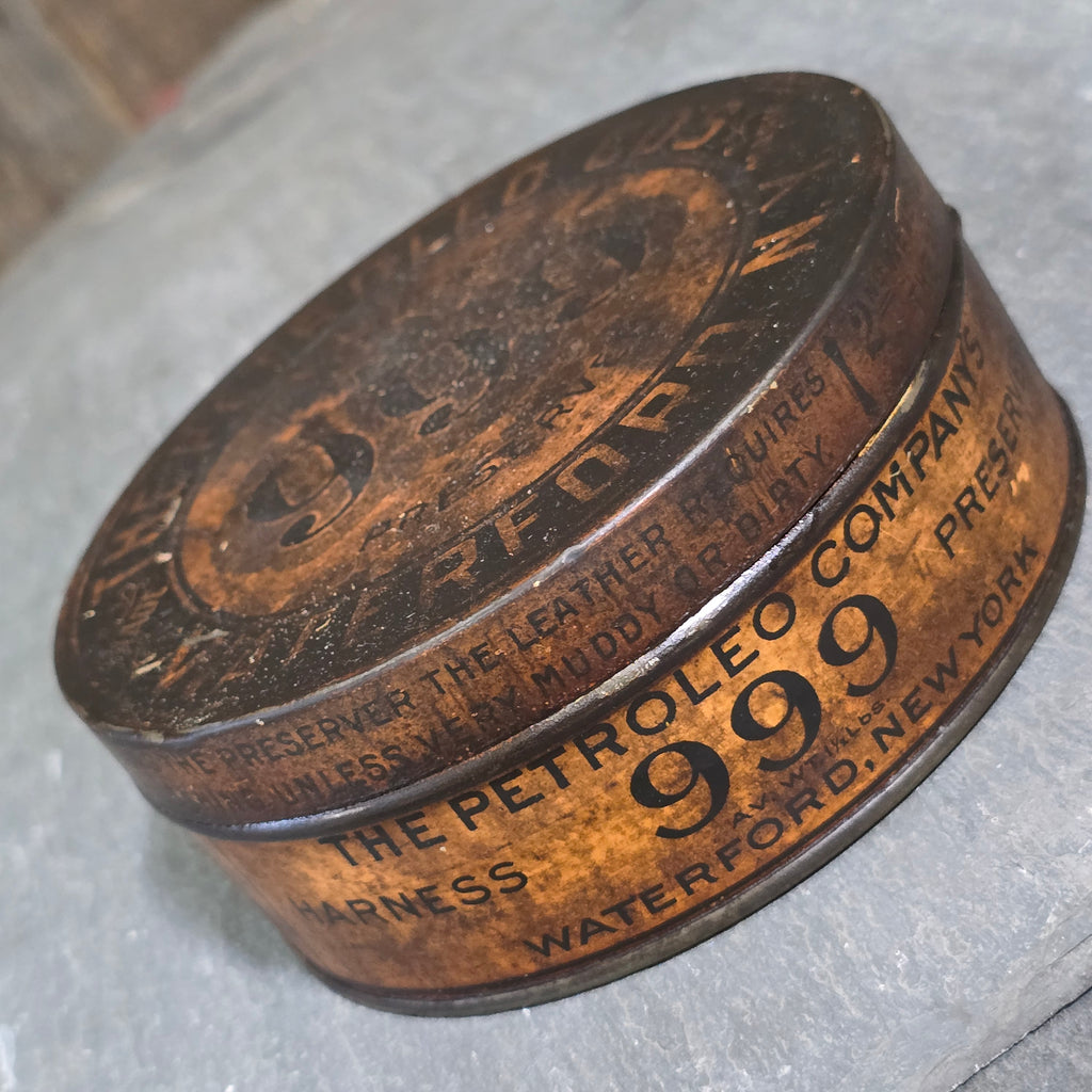 999 Harness Preserver Oil Advertising Tin The Petroleo Company Waterford, NY