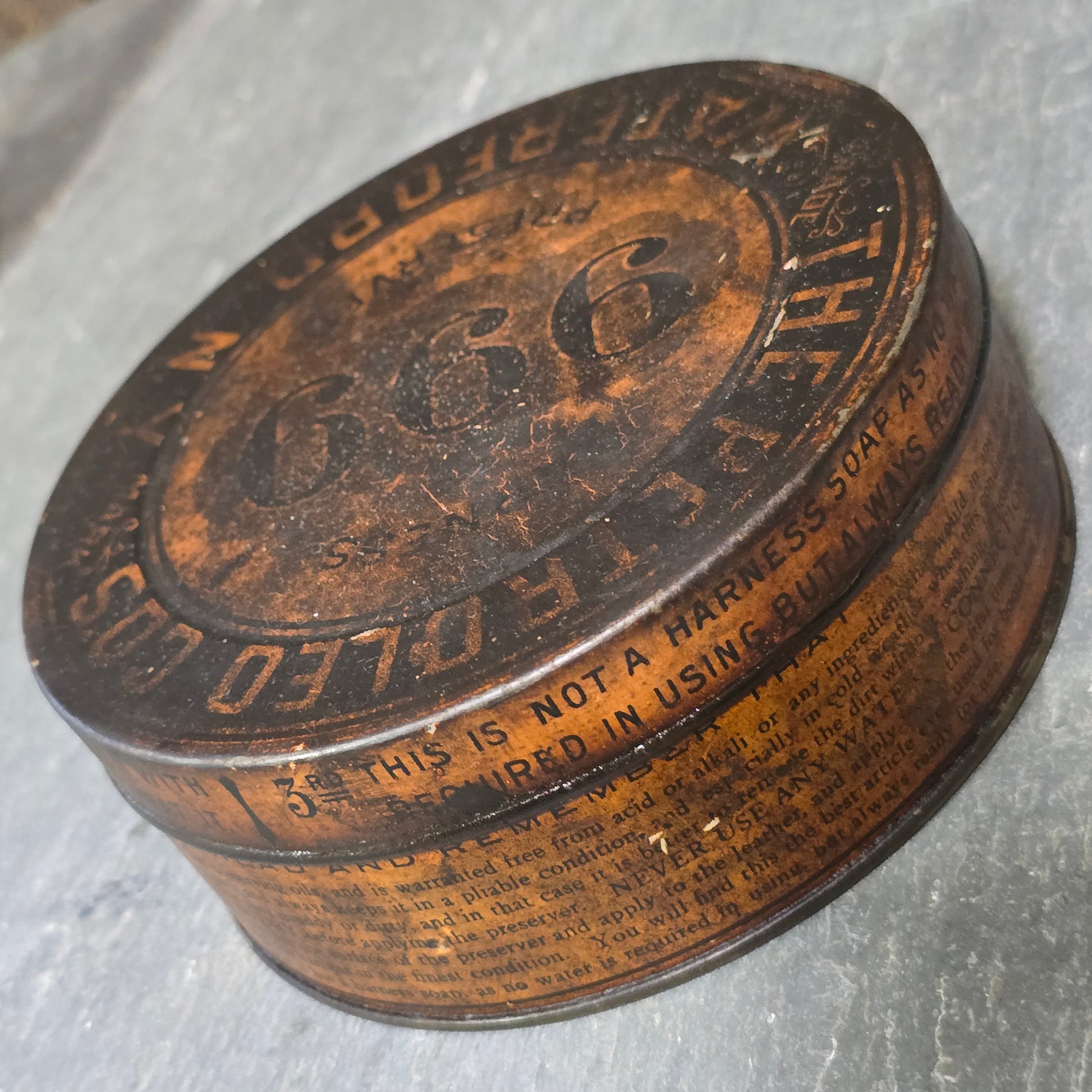 999 Harness Preserver Oil Advertising Tin The Petroleo Company Waterford, NY