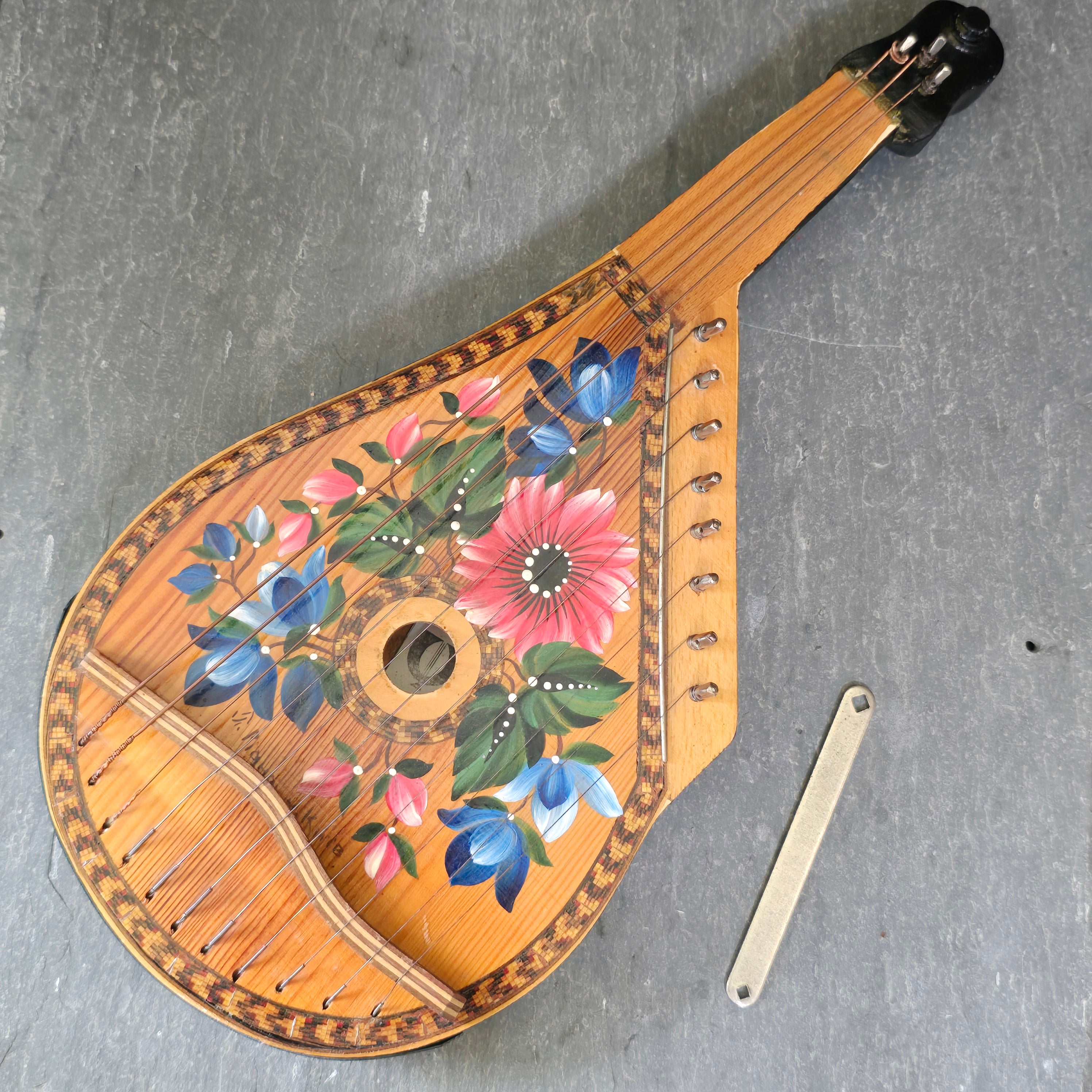 Vintage Hand-Painted Ukrainian Bandura Wood Inlaid Parquetry String Instrument