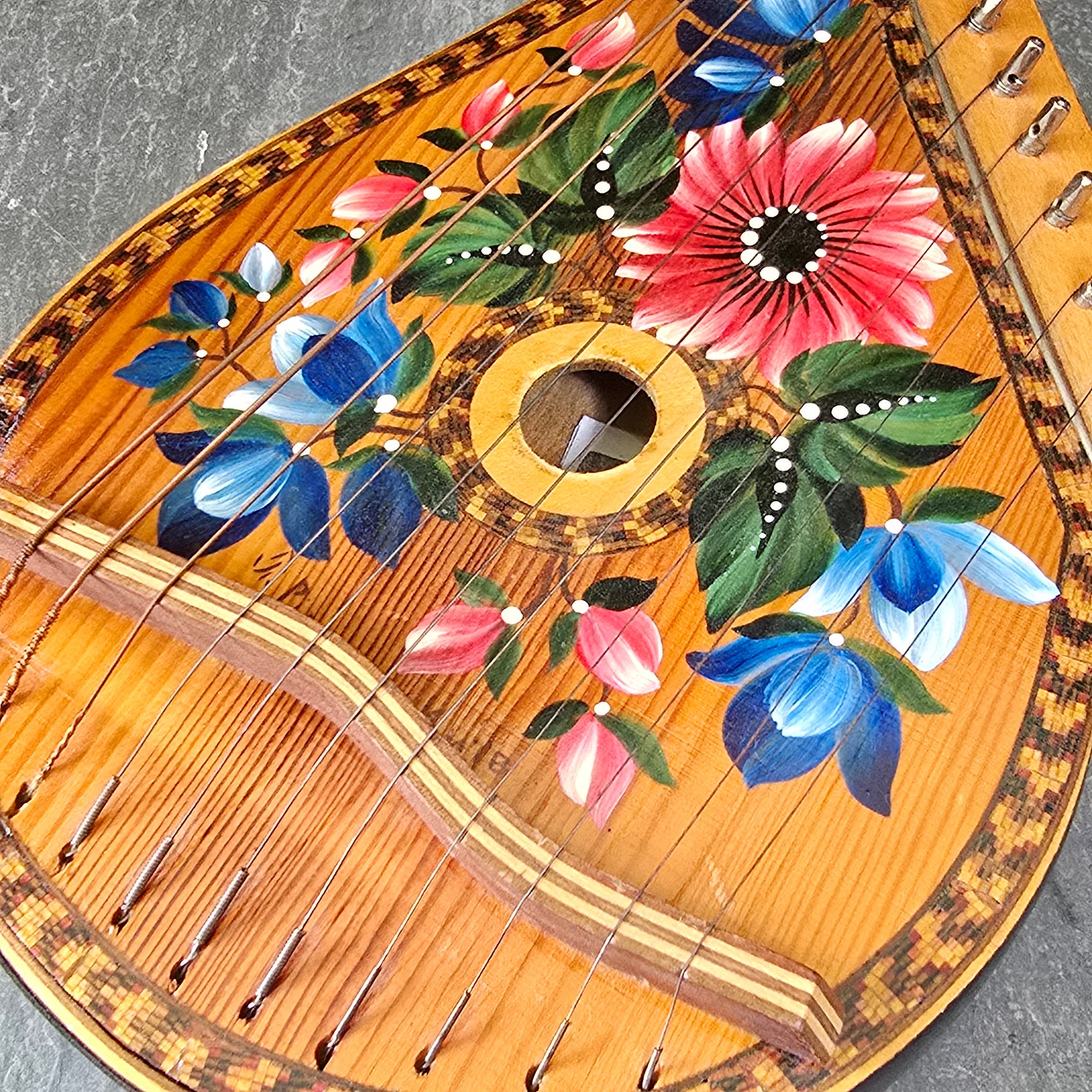 Vintage Hand-Painted Ukrainian Bandura Wood Inlaid Parquetry String Instrument