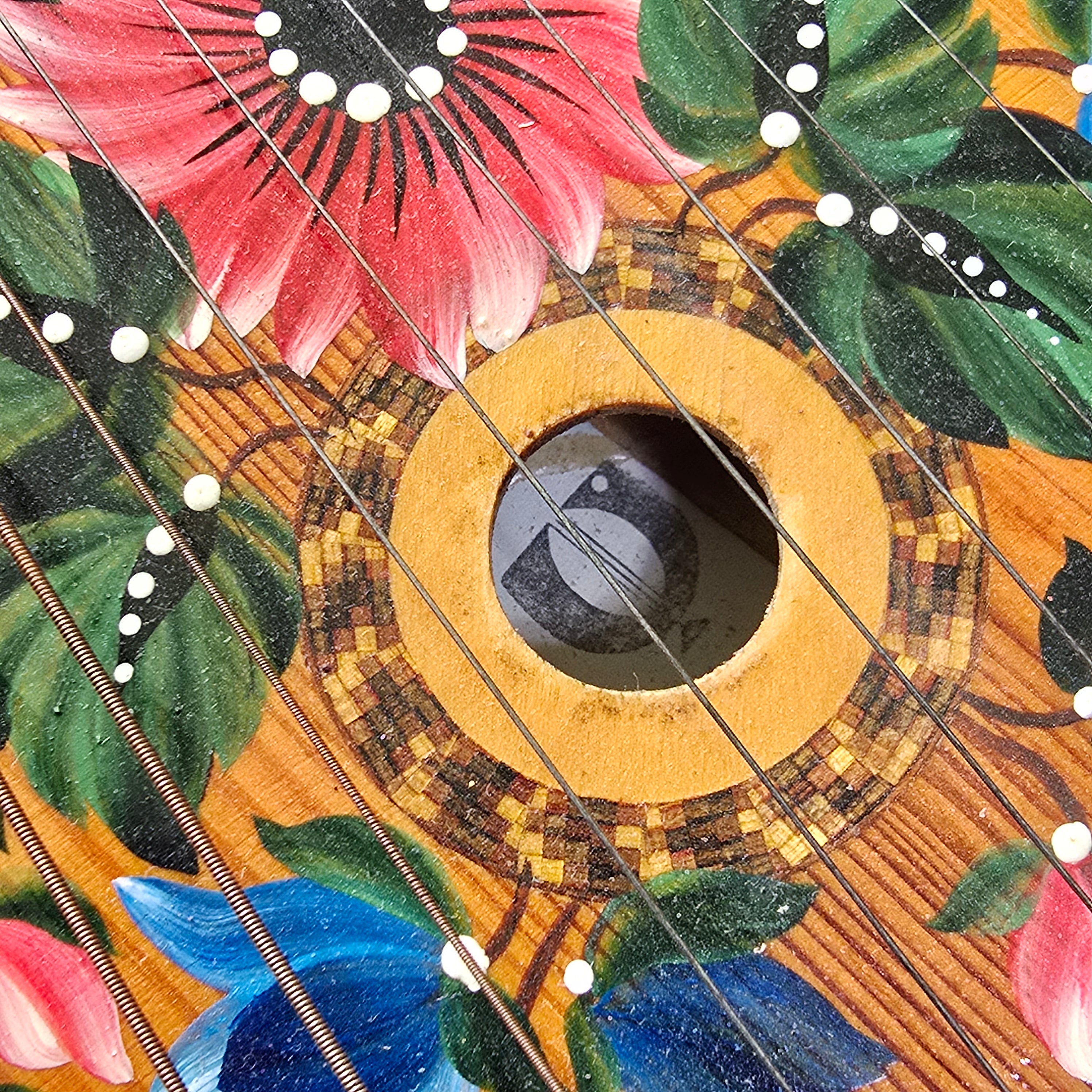 Vintage Hand-Painted Ukrainian Bandura Wood Inlaid Parquetry String Instrument