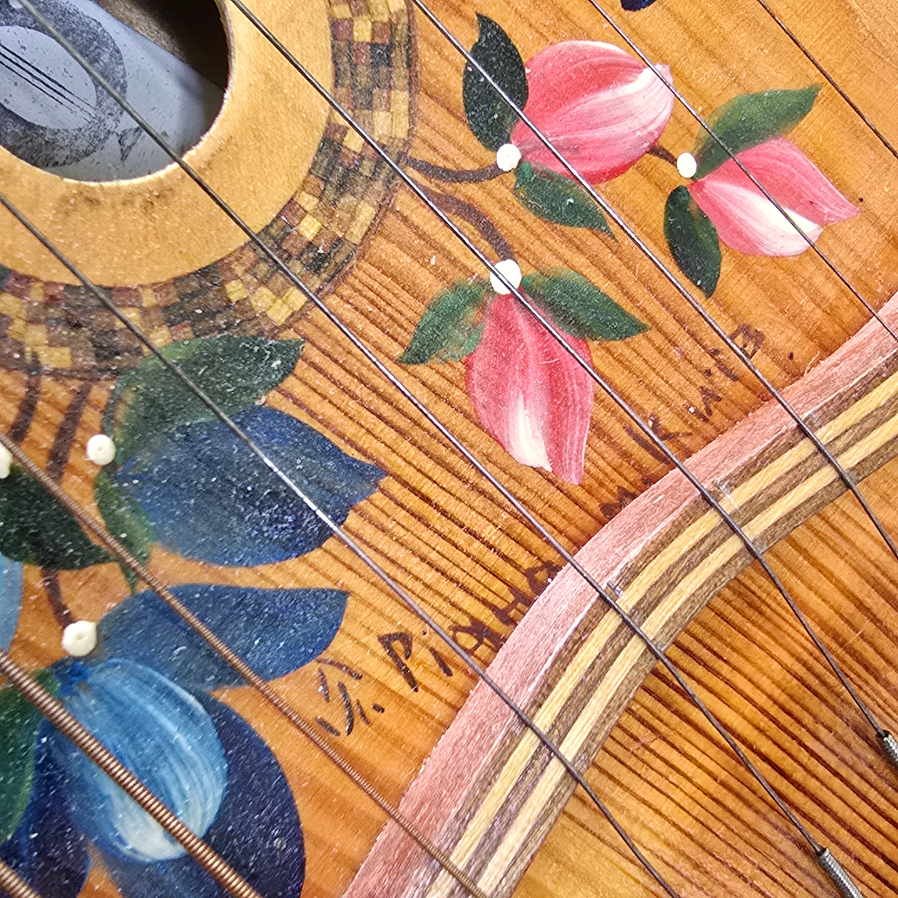 Vintage Hand-Painted Ukrainian Bandura Wood Inlaid Parquetry String Instrument