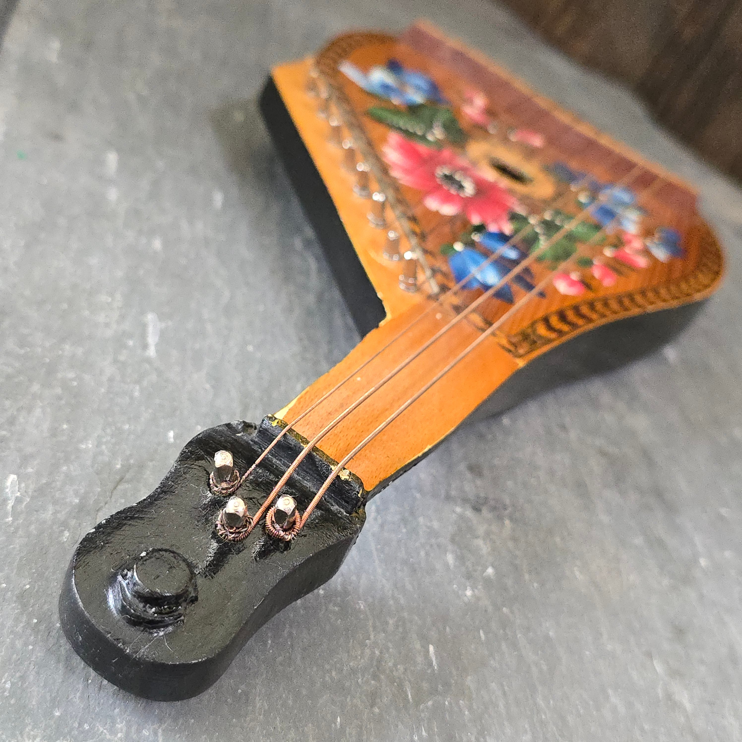 Vintage Hand-Painted Ukrainian Bandura Wood Inlaid Parquetry String Instrument