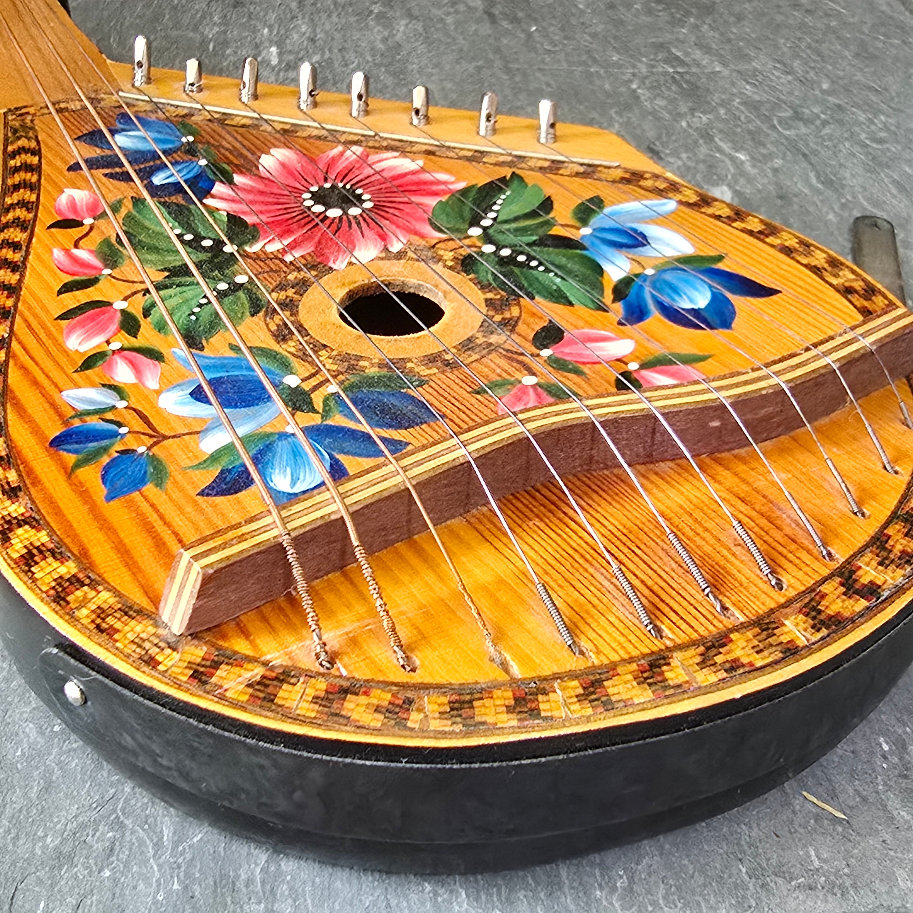 Vintage Hand-Painted Ukrainian Bandura Wood Inlaid Parquetry String Instrument