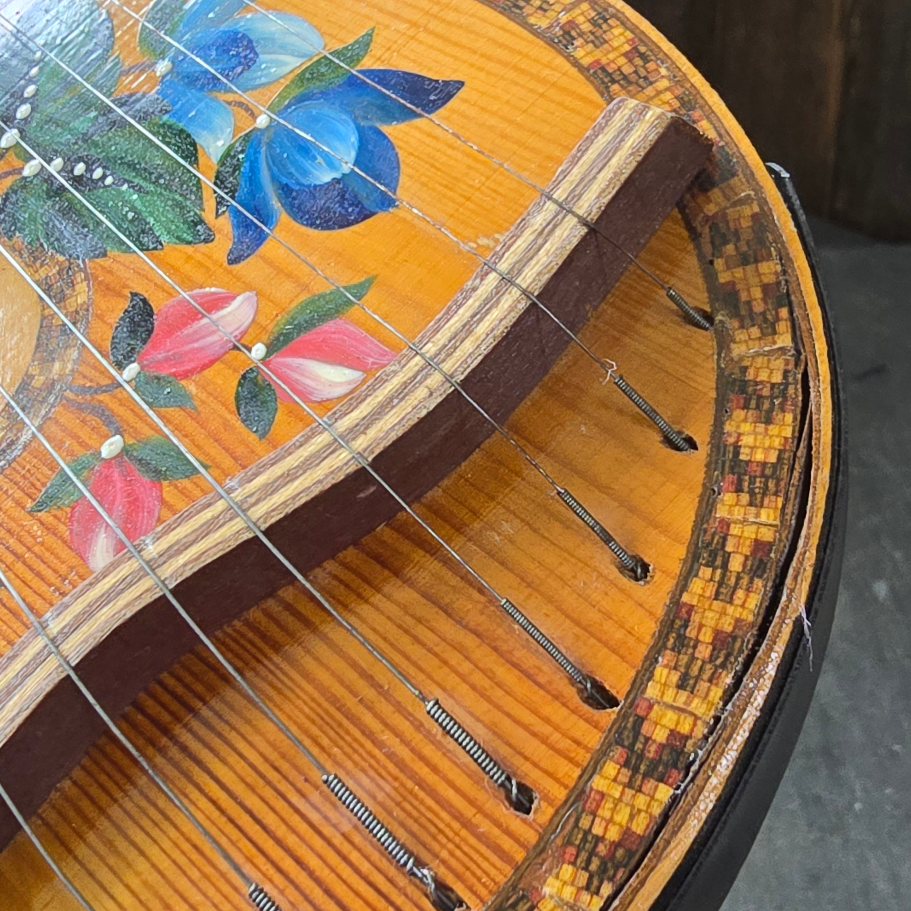 Vintage Hand-Painted Ukrainian Bandura Wood Inlaid Parquetry String Instrument