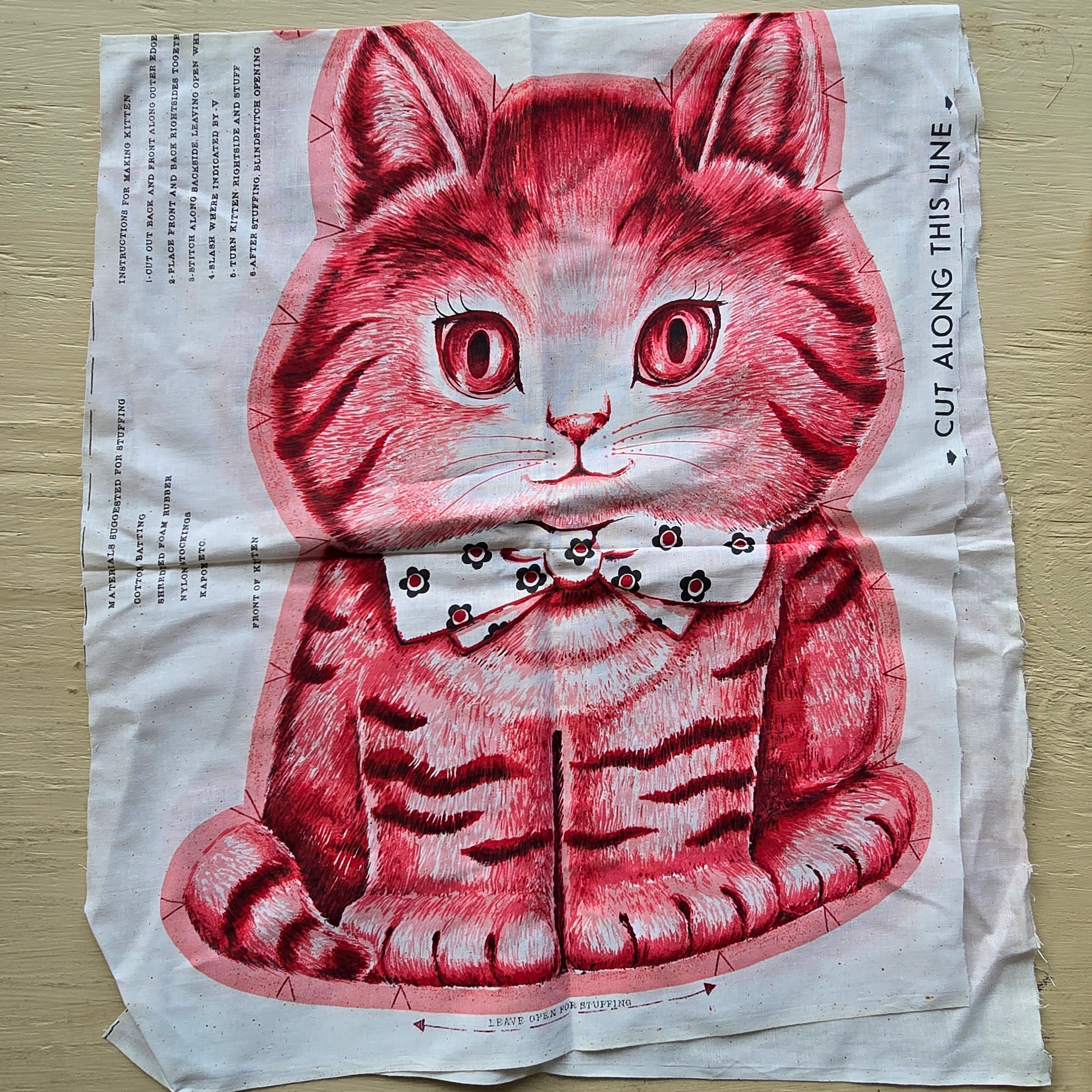 1960s Vintage Charlie Kitten Fabric Panel Cloth Cut & Sew Kitty Cat Pillow Craft