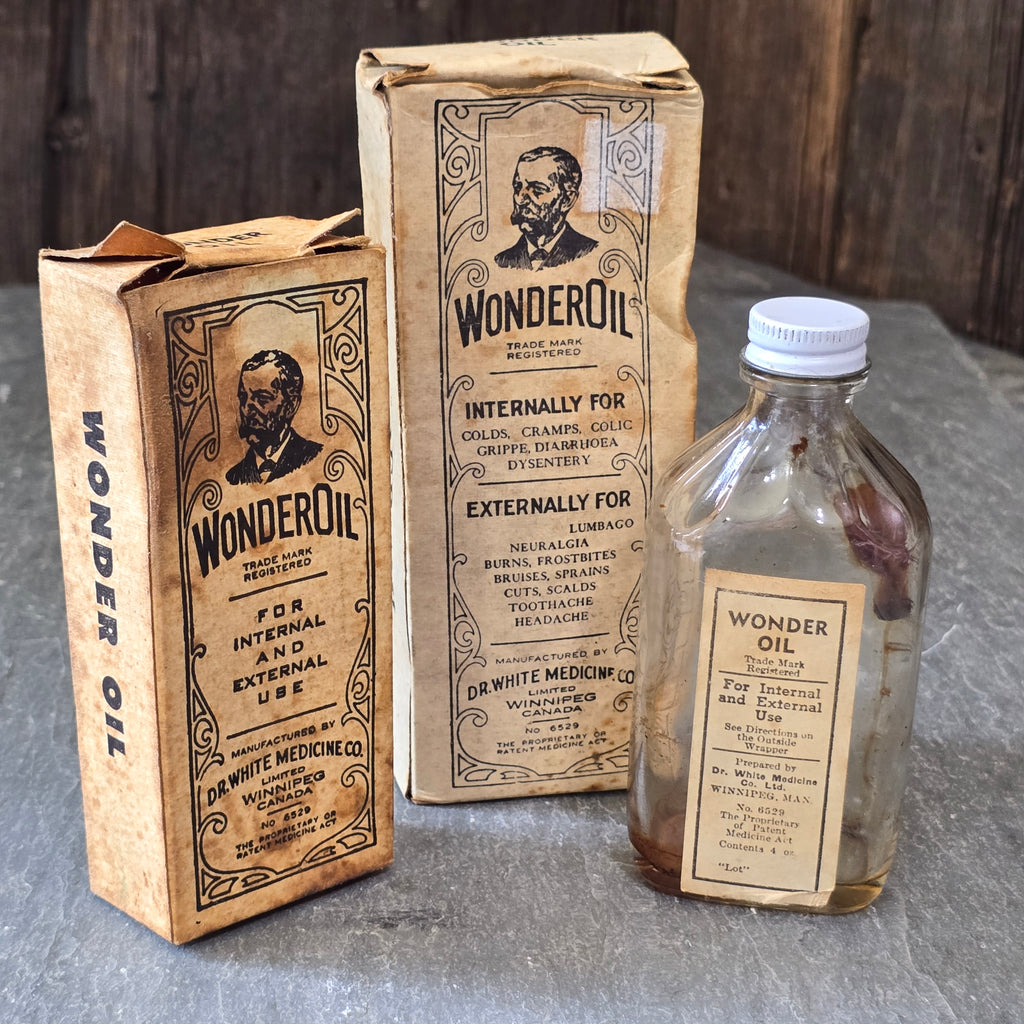 Antique Dr. White Medicine Co. Wonder Oil Bottle & Original Boxes Winnipeg Quack
