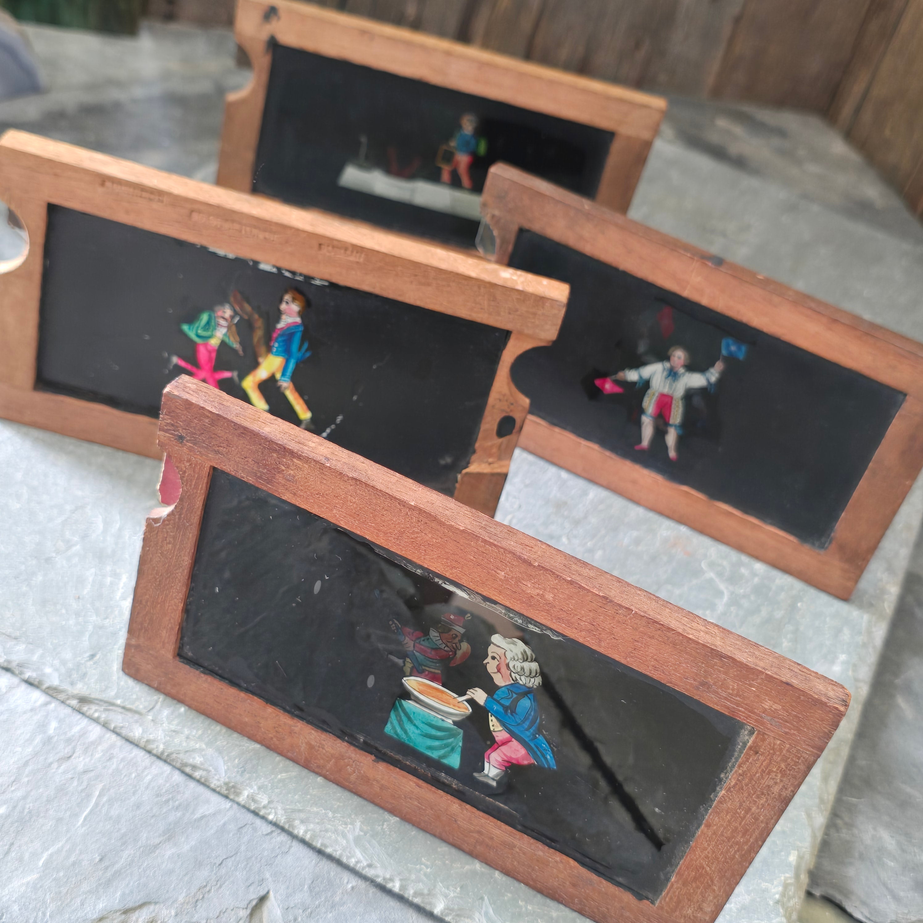 Lot of 4 Antique Robinson Wood Frame Magic Lantern Glass Slides Mechanical