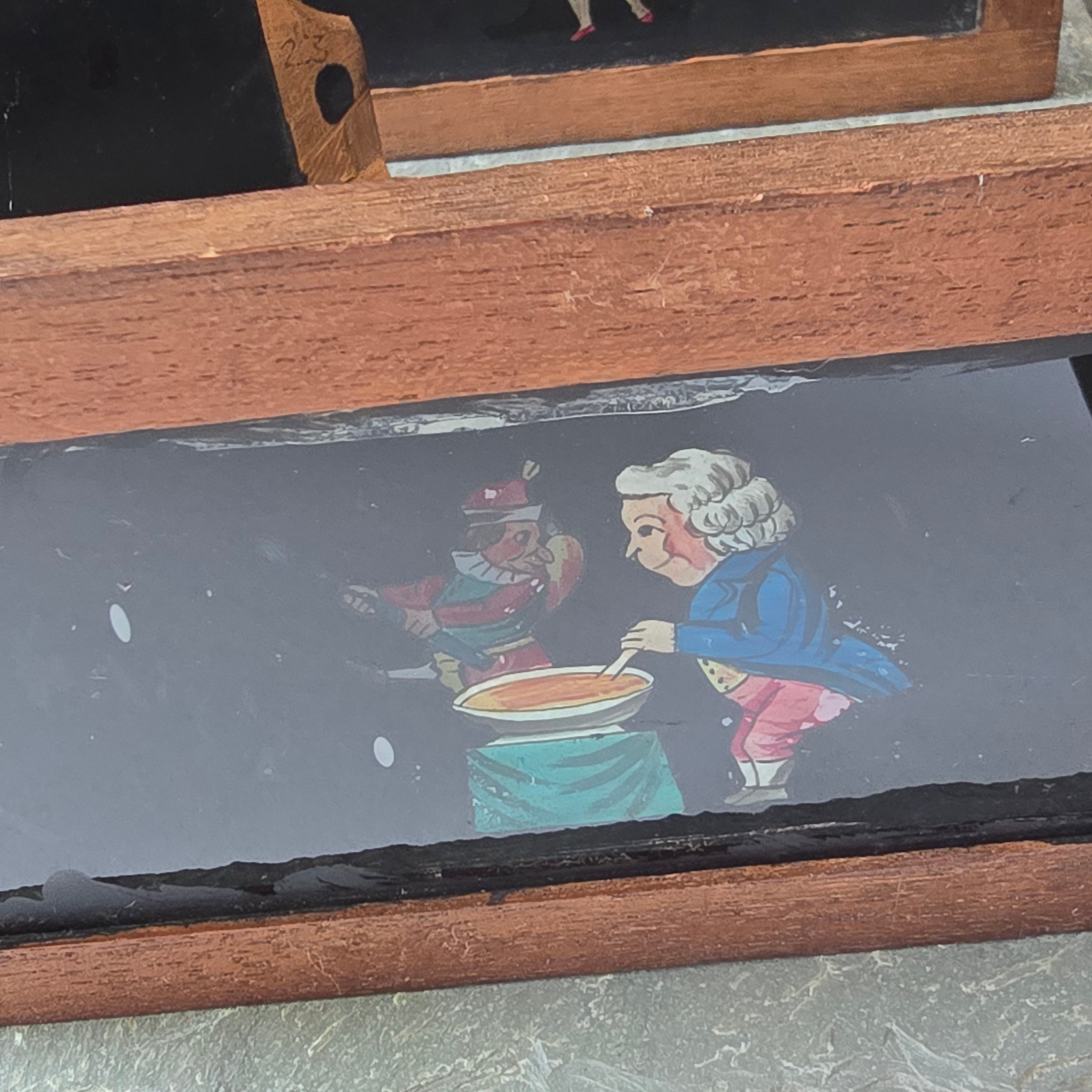 Lot of 4 Antique Robinson Wood Frame Magic Lantern Glass Slides Mechanical