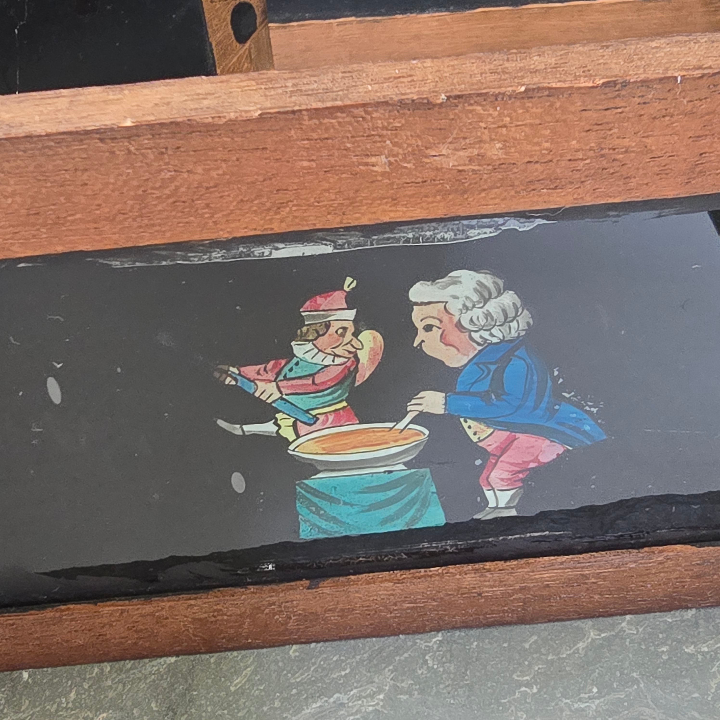 Lot of 4 Antique Robinson Wood Frame Magic Lantern Glass Slides Mechanical