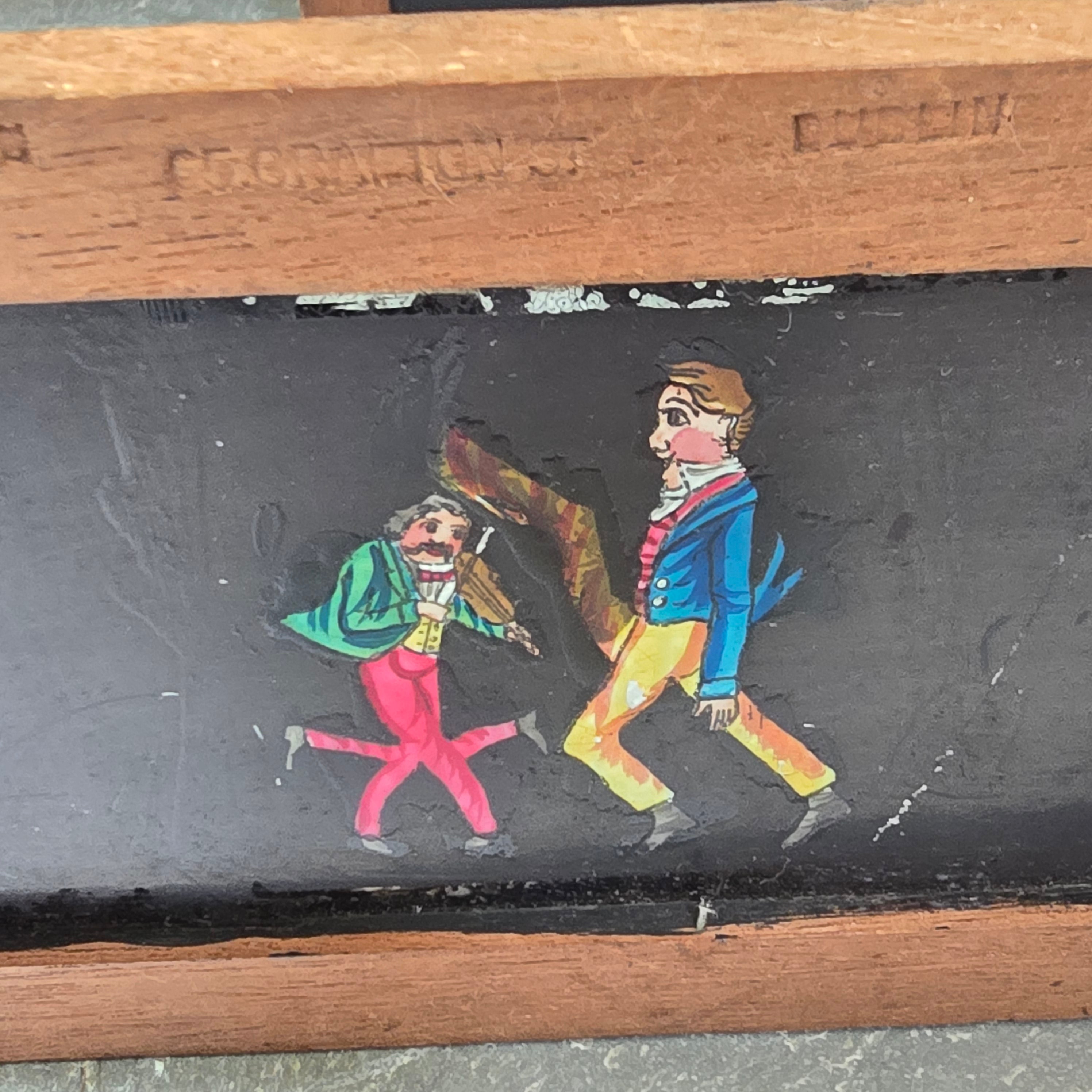 Lot of 4 Antique Robinson Wood Frame Magic Lantern Glass Slides Mechanical