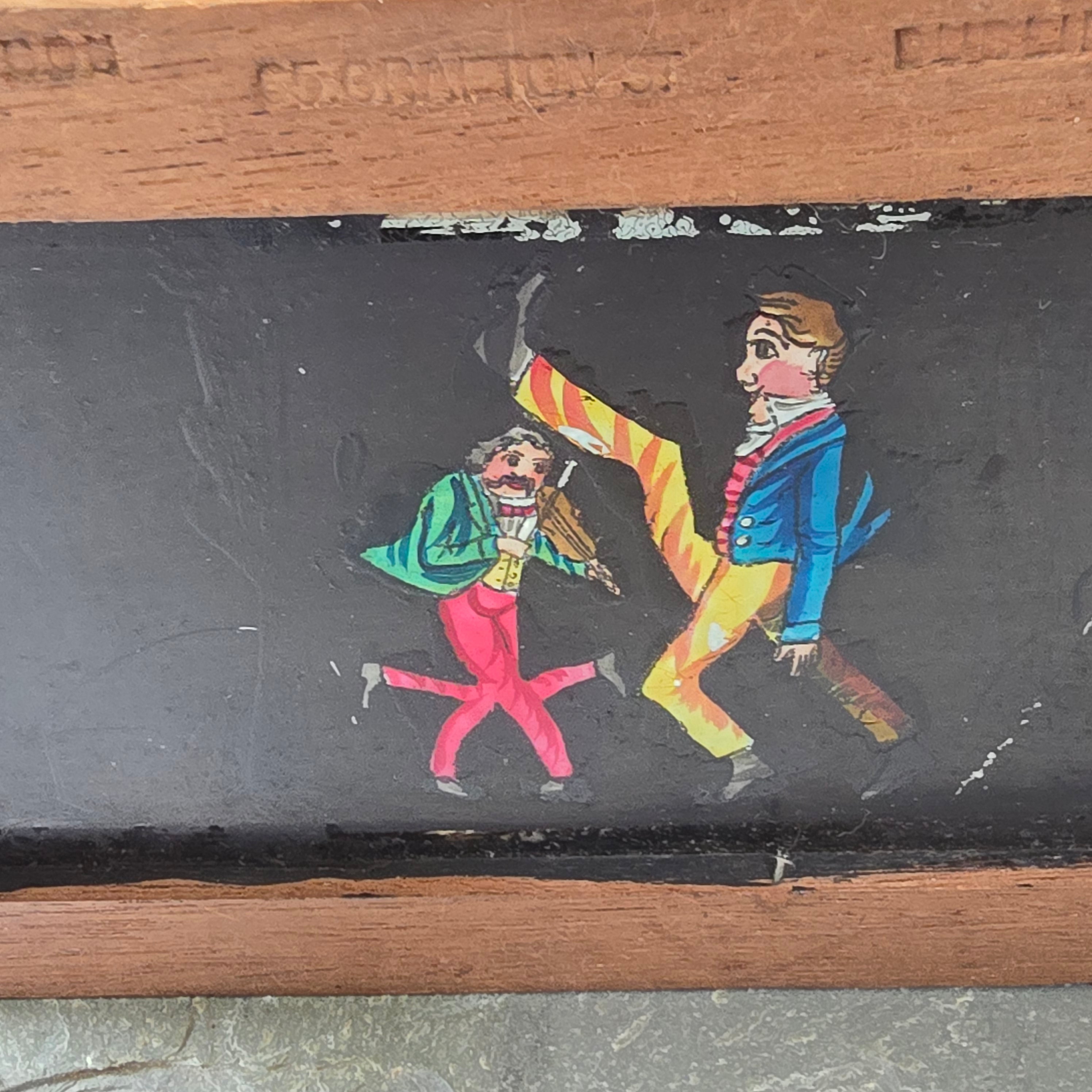 Lot of 4 Antique Robinson Wood Frame Magic Lantern Glass Slides Mechanical