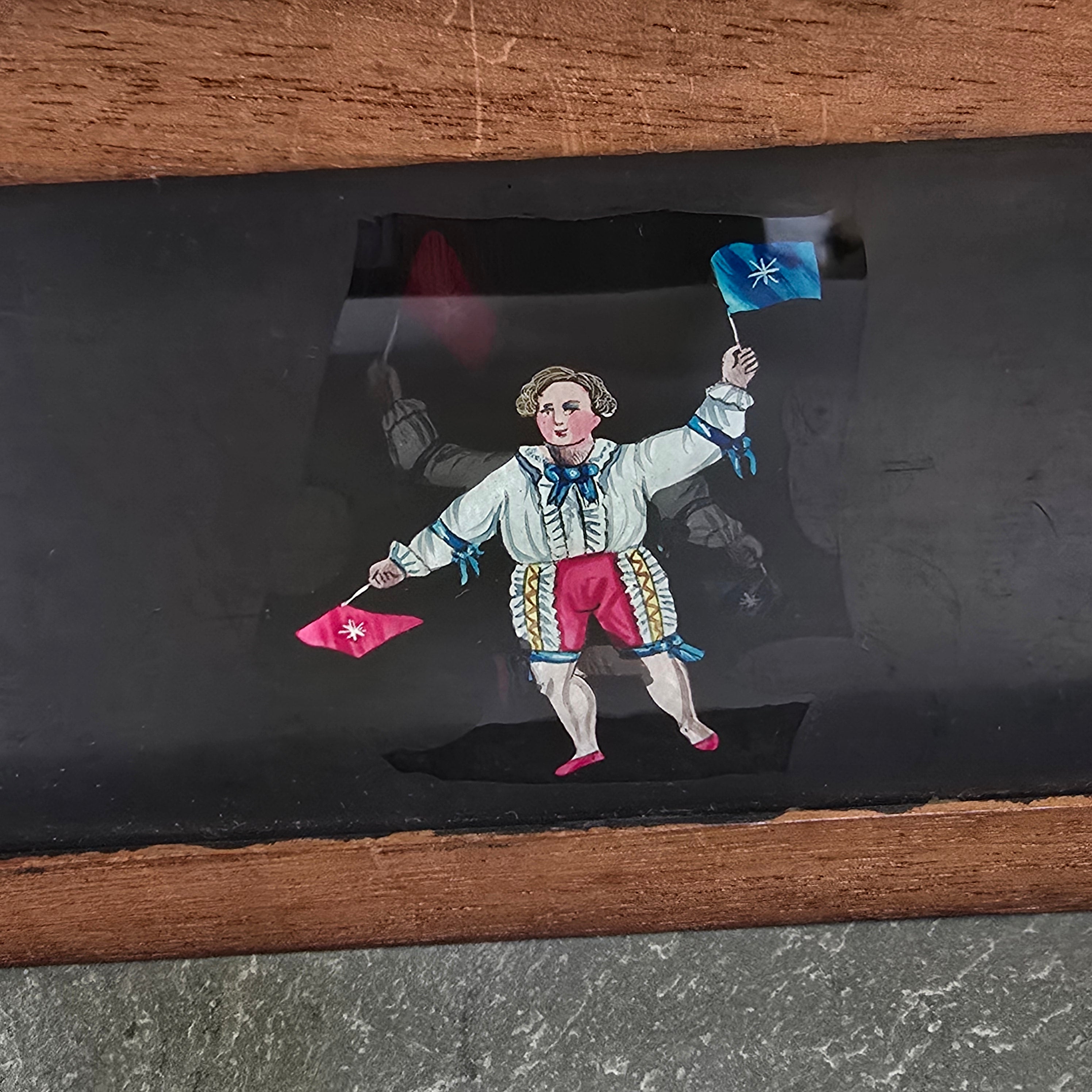 Lot of 4 Antique Robinson Wood Frame Magic Lantern Glass Slides Mechanical