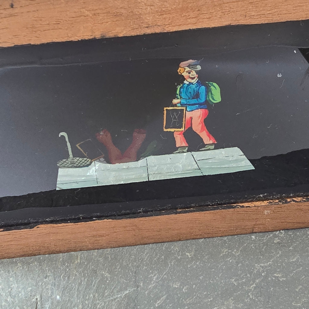 Lot of 4 Antique Robinson Wood Frame Magic Lantern Glass Slides Mechanical