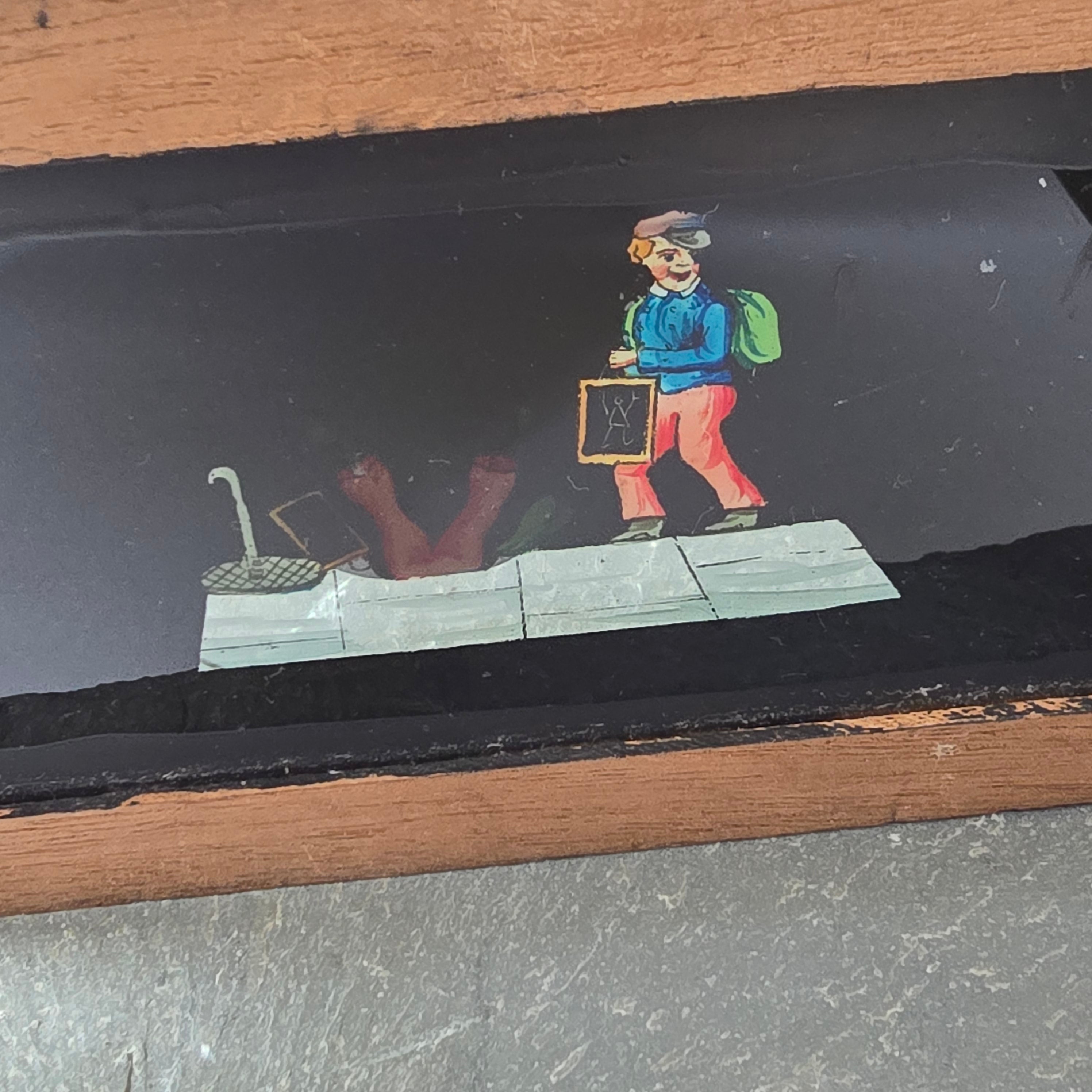 Lot of 4 Antique Robinson Wood Frame Magic Lantern Glass Slides Mechanical