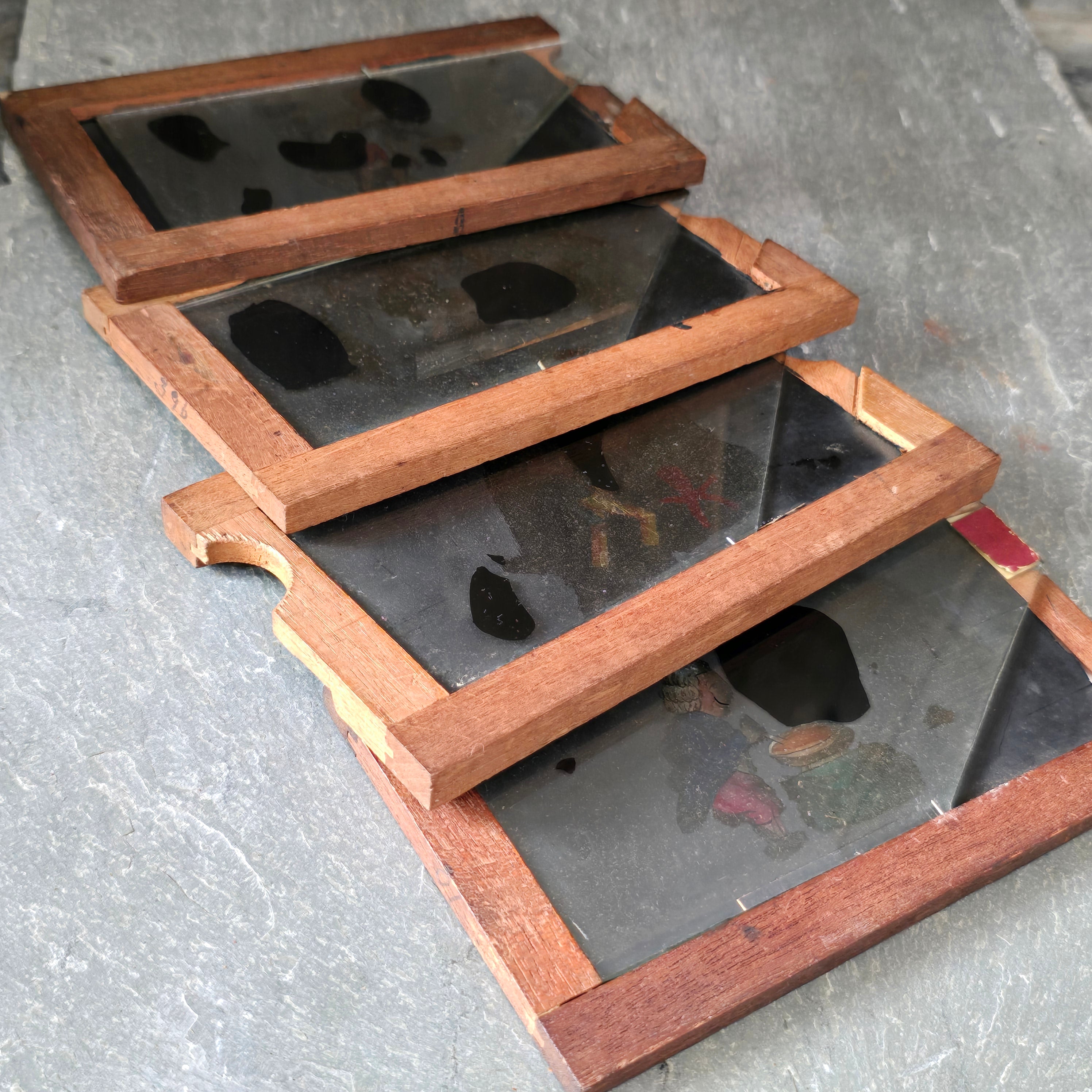 Lot of 4 Antique Robinson Wood Frame Magic Lantern Glass Slides Mechanical