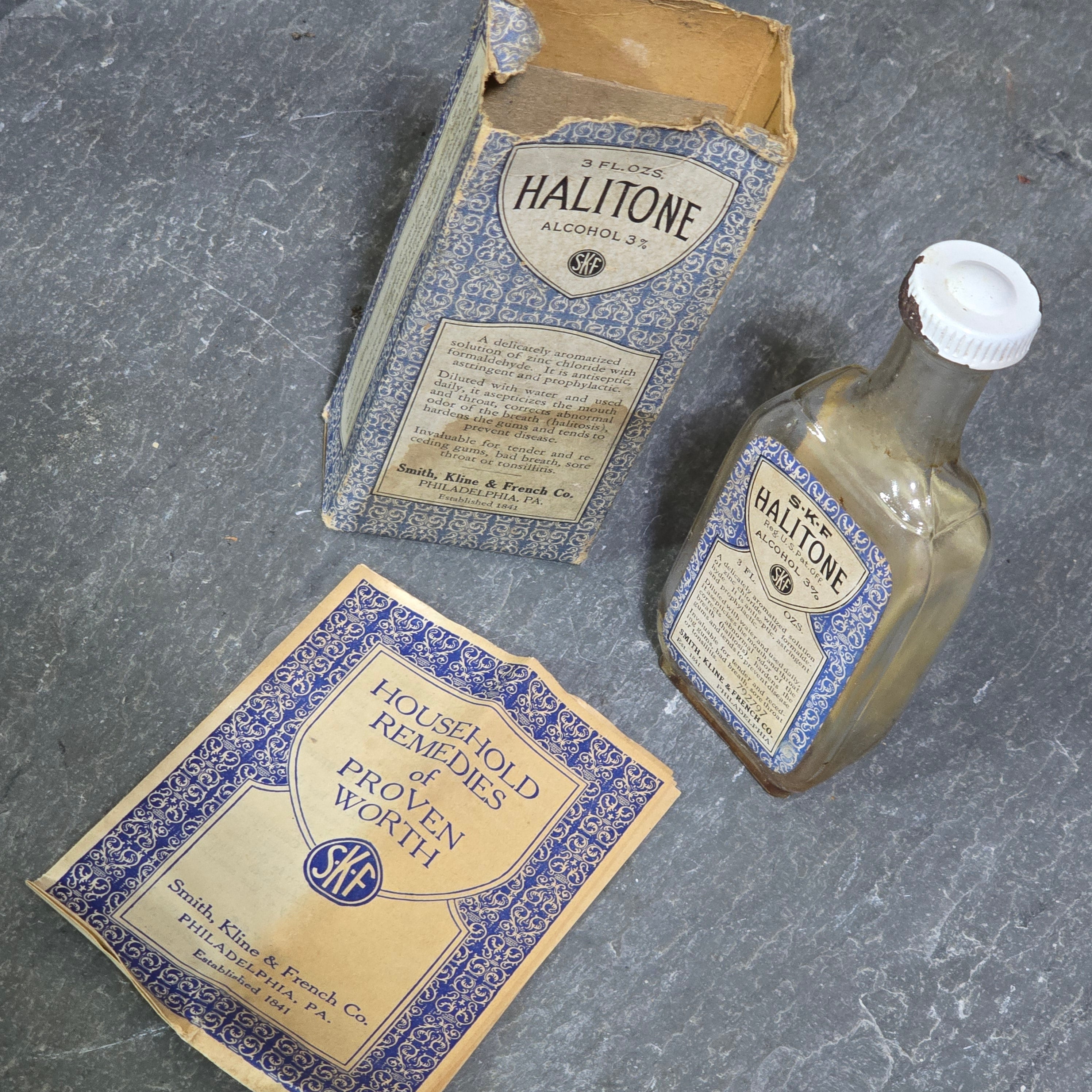 Antique Smith, Kline & French Co. Halitone Mouthwash Formaldehyde Bottle in Box