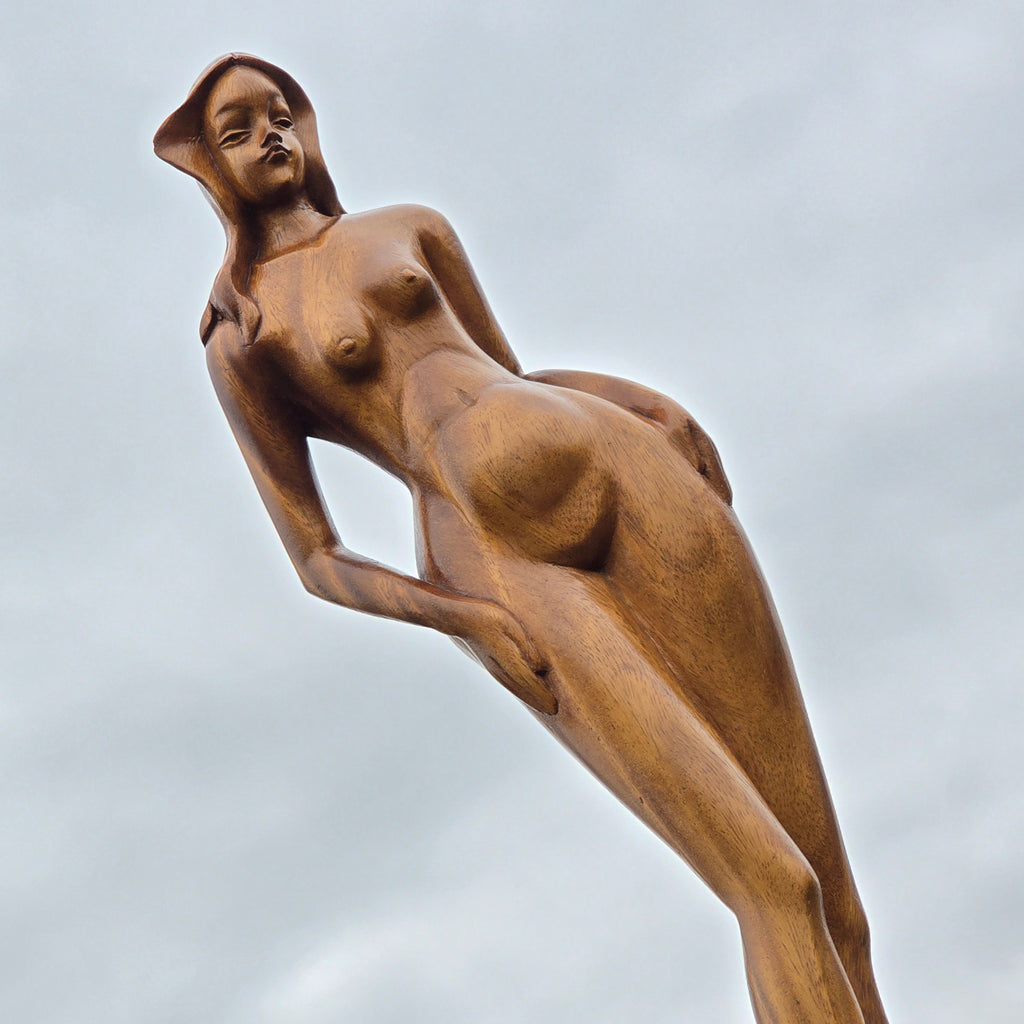 Retro Vintage Modernist Large Hand Carved Nude Female Figure Wood Sculpture