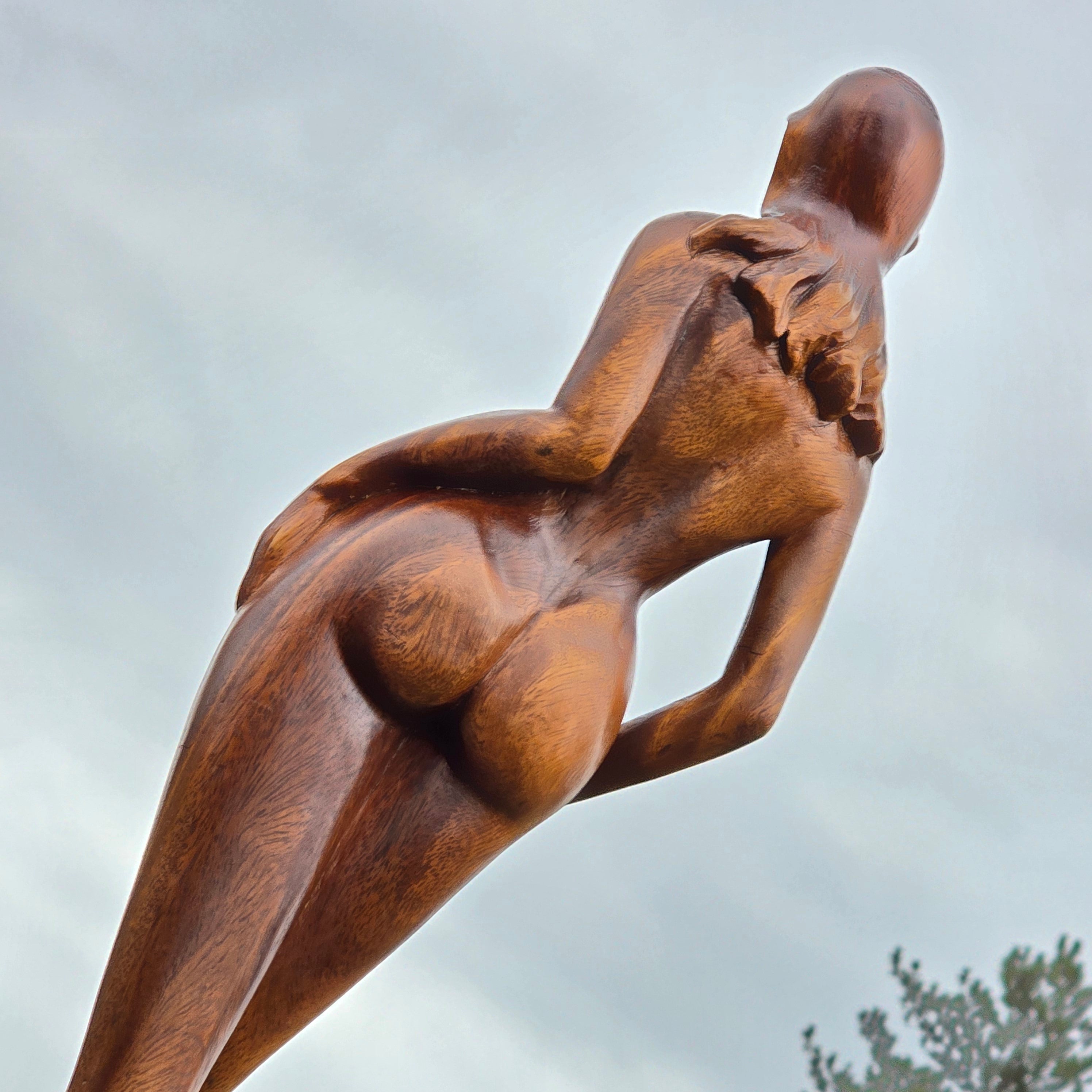 Retro Vintage Modernist Large Hand Carved Nude Female Figure Wood Sculpture