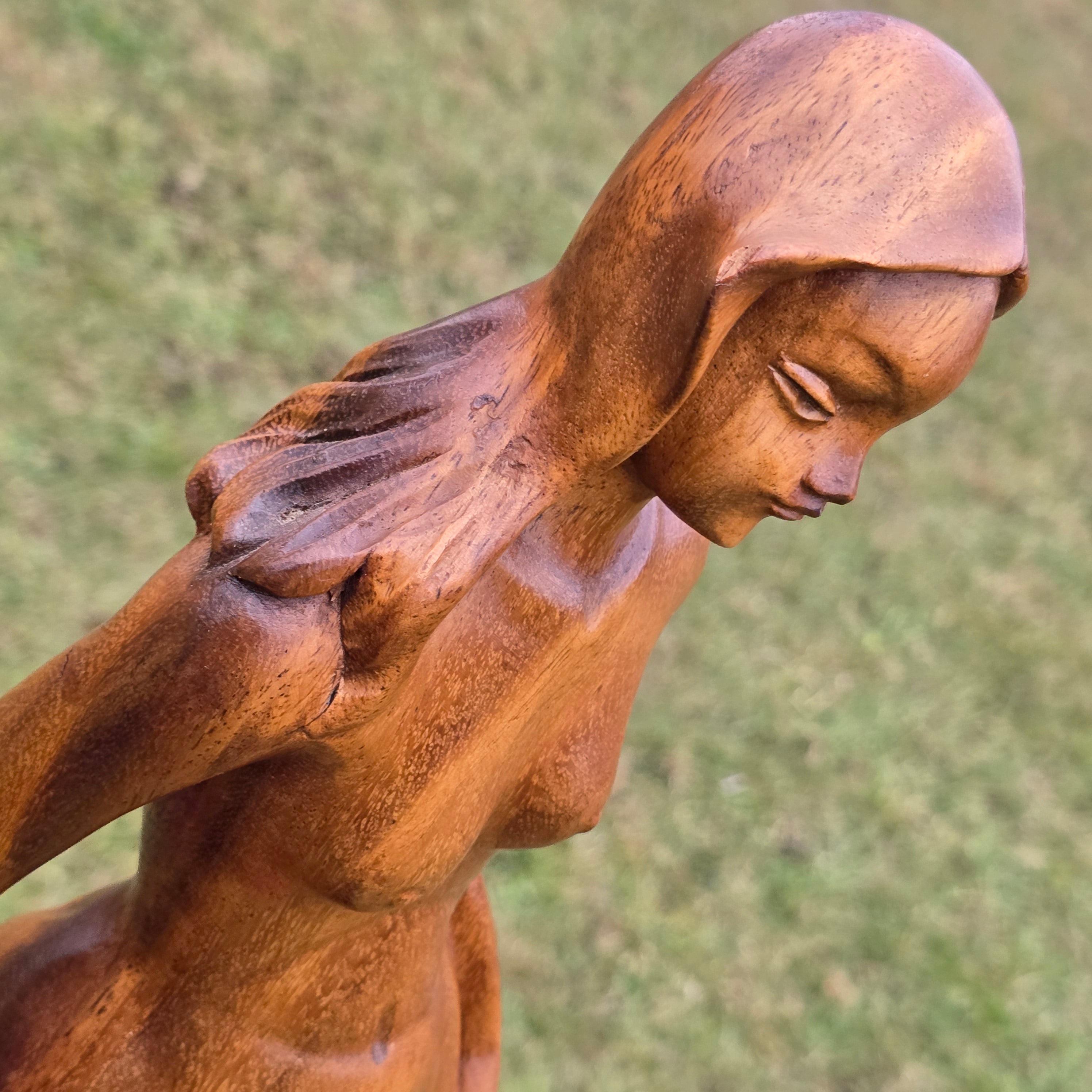 Retro Vintage Modernist Large Hand Carved Nude Female Figure Wood Sculpture