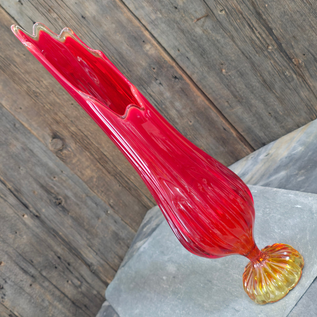 L.E. Smith MCM Vintage Amberina Red Orange 19" Swung Art Glass Vase Mid-Century