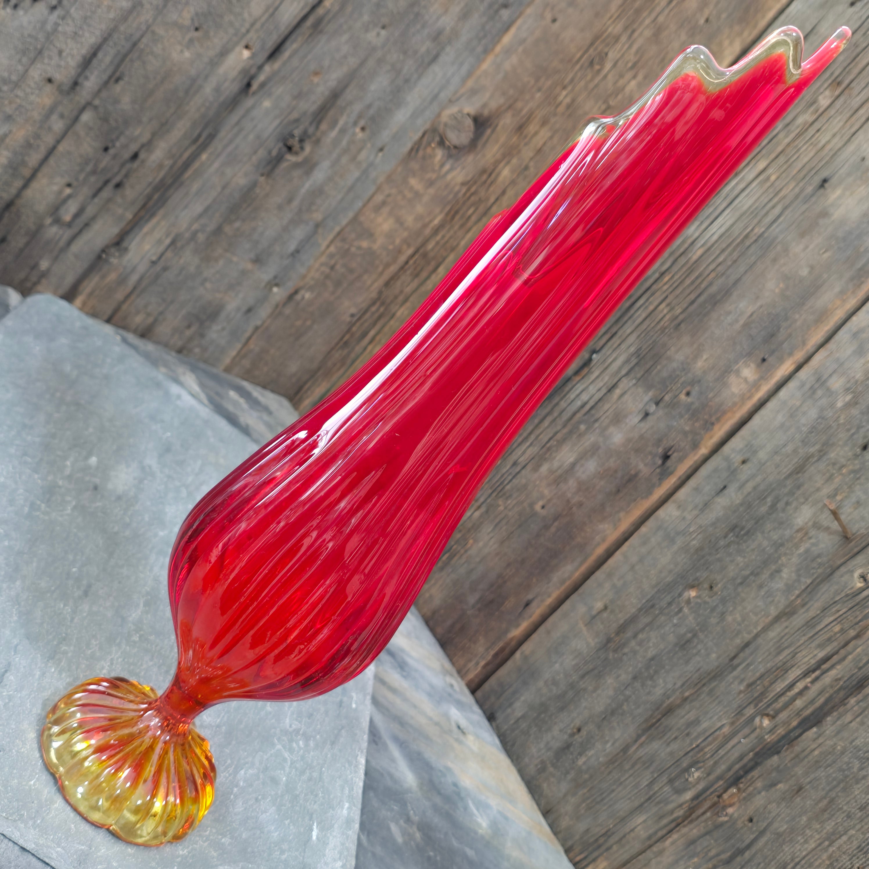 L.E. Smith MCM Vintage Amberina Red Orange 19" Swung Art Glass Vase Mid-Century