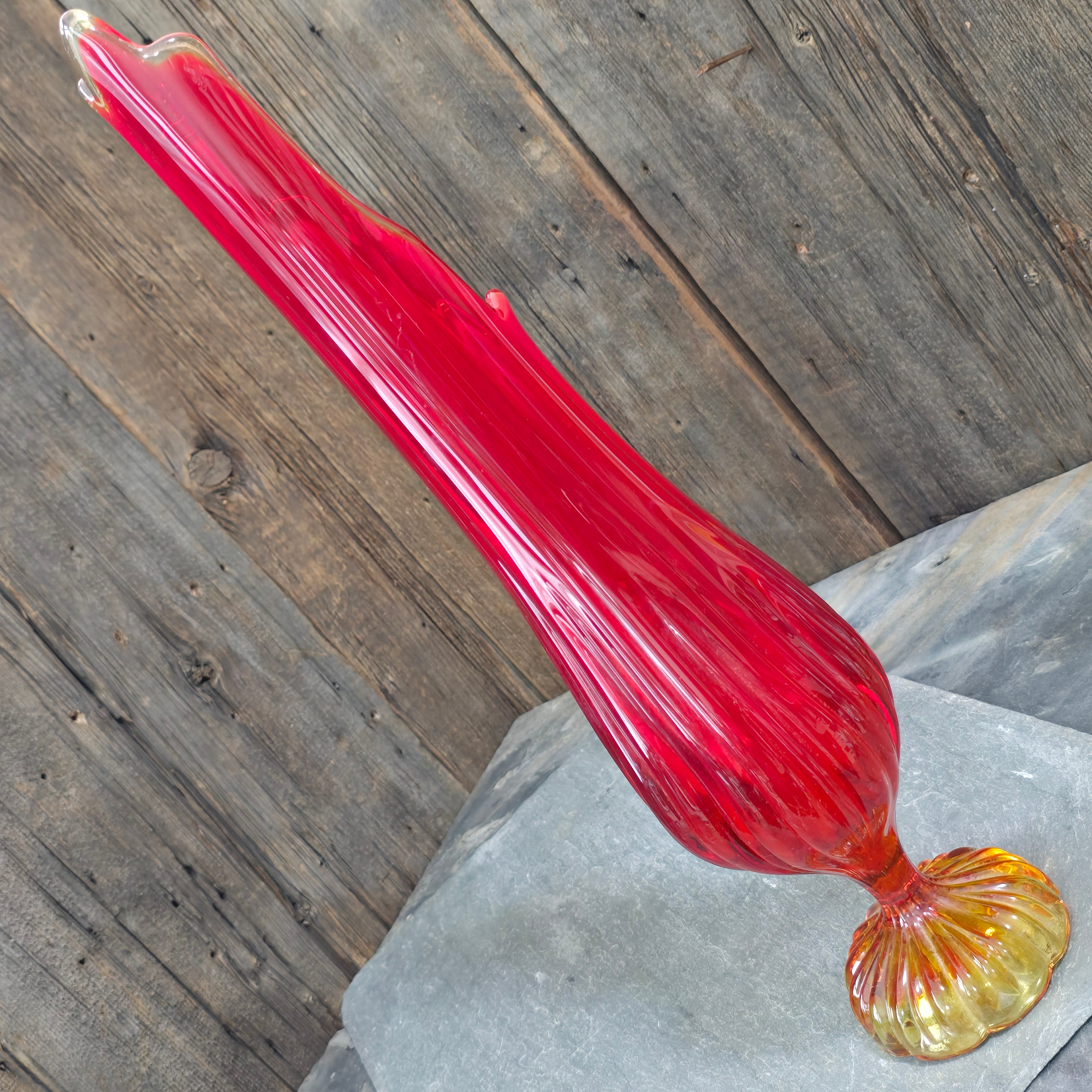 L.E. Smith MCM Vintage Amberina Red Orange 19" Swung Art Glass Vase Mid-Century