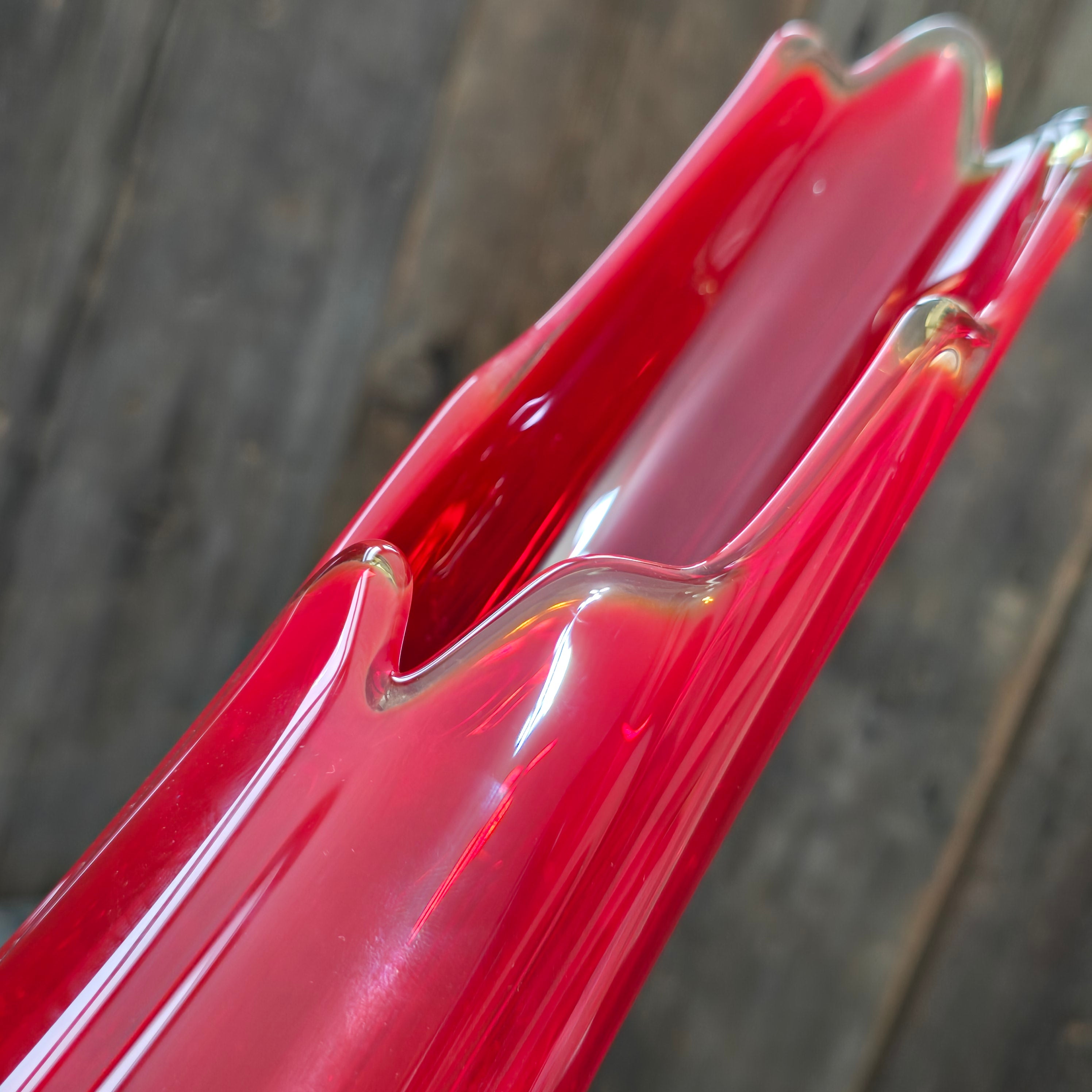 L.E. Smith MCM Vintage Amberina Red Orange 19" Swung Art Glass Vase Mid-Century