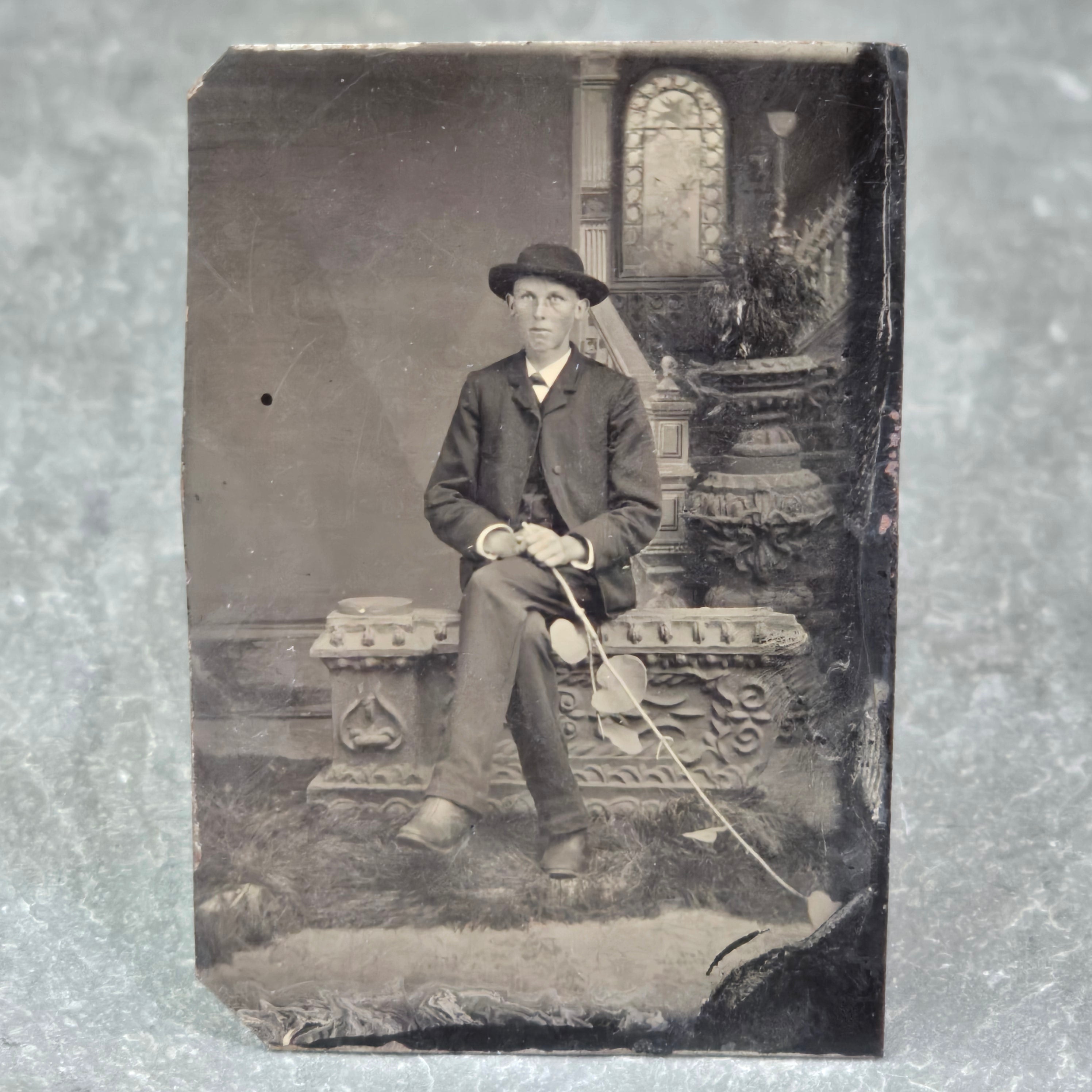 Odd Man Holding Broad Leaf Ivy Vine Antique Victorian 1/6 Plate Tintype Photo