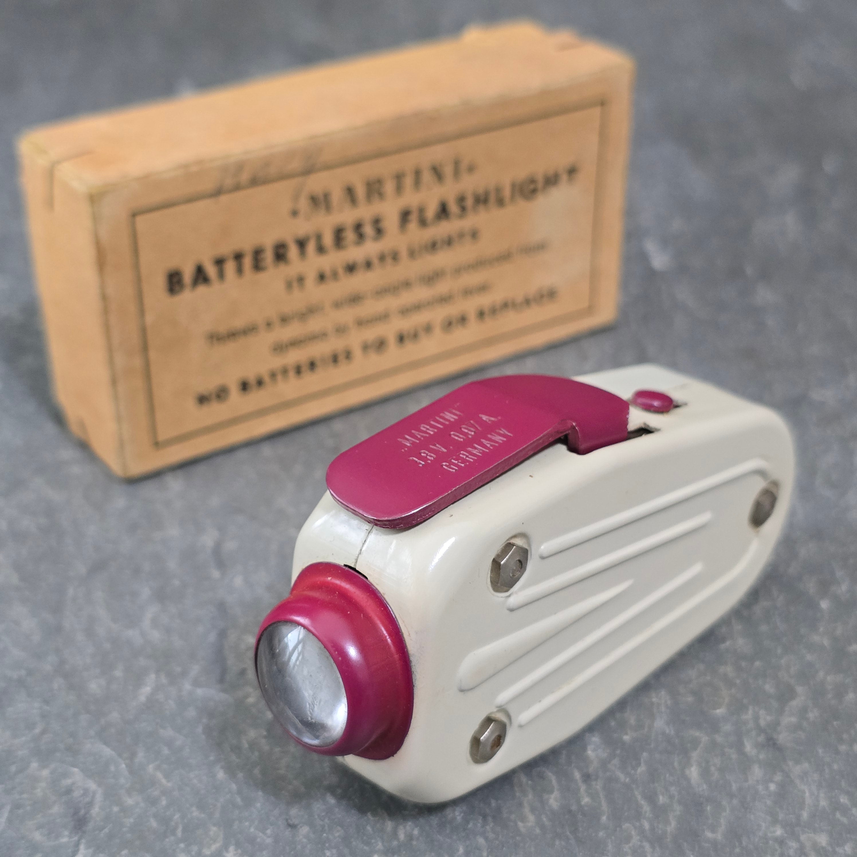 Martini Batteryless Flashlight Vintage Dynamo Squeeze Flash Light & Original Box
