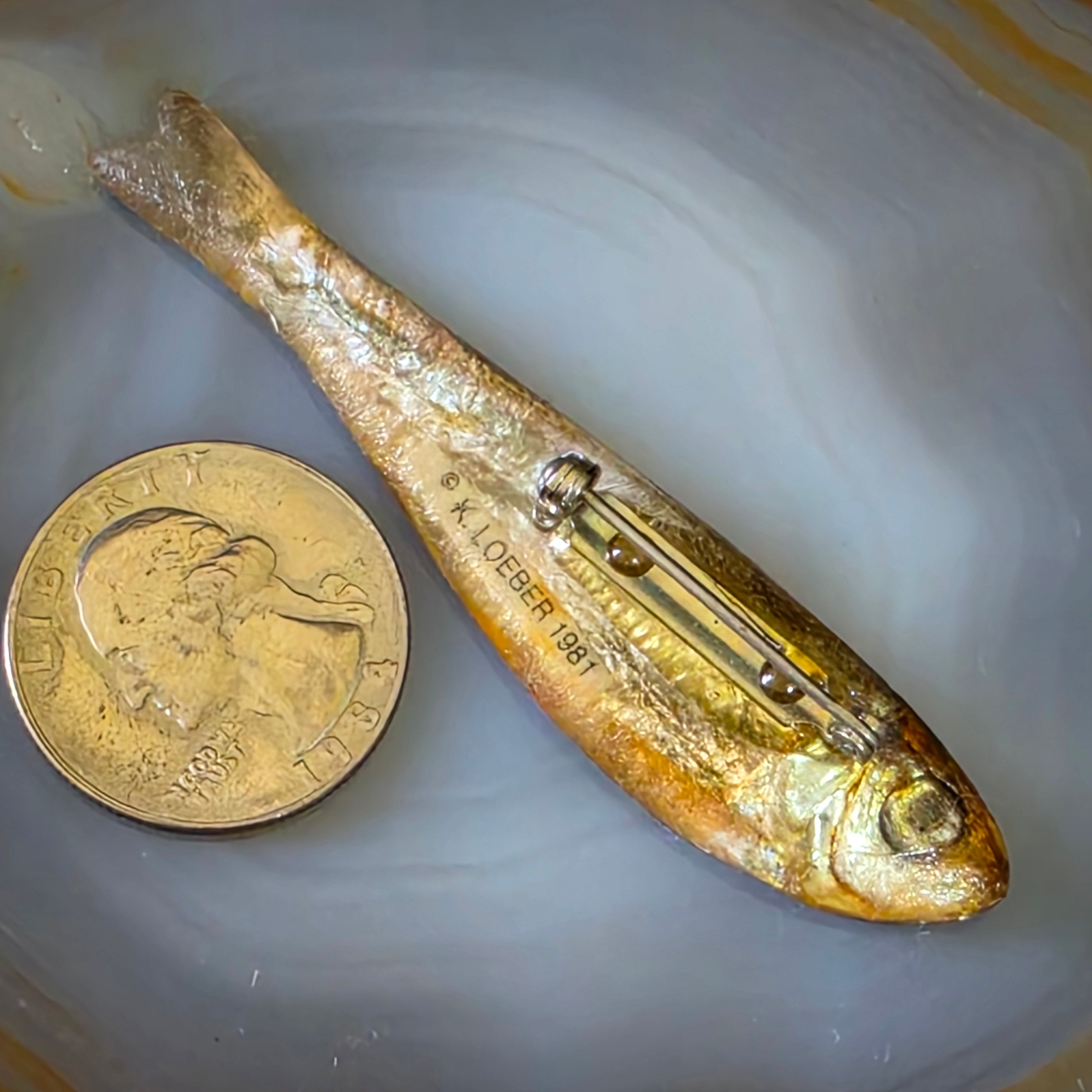 Ken Loeber 1981 Vintage Signed Lucite Encased Minnow Brooch Fish Pin Oddity